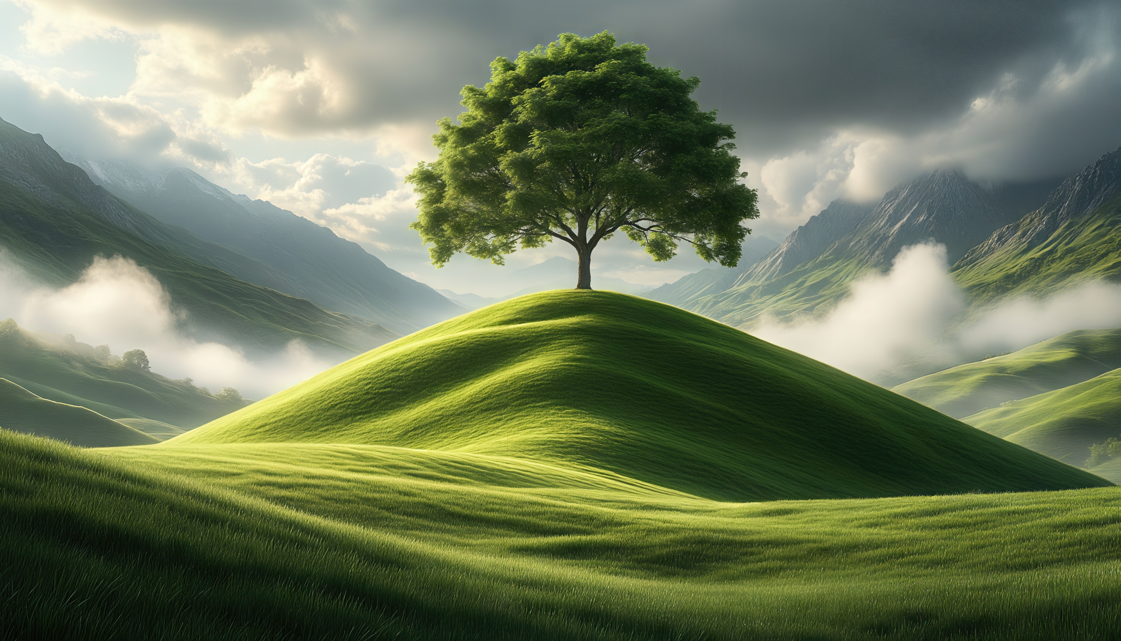 Free photo A lonely tree on a green hill among the mountainous expanses.