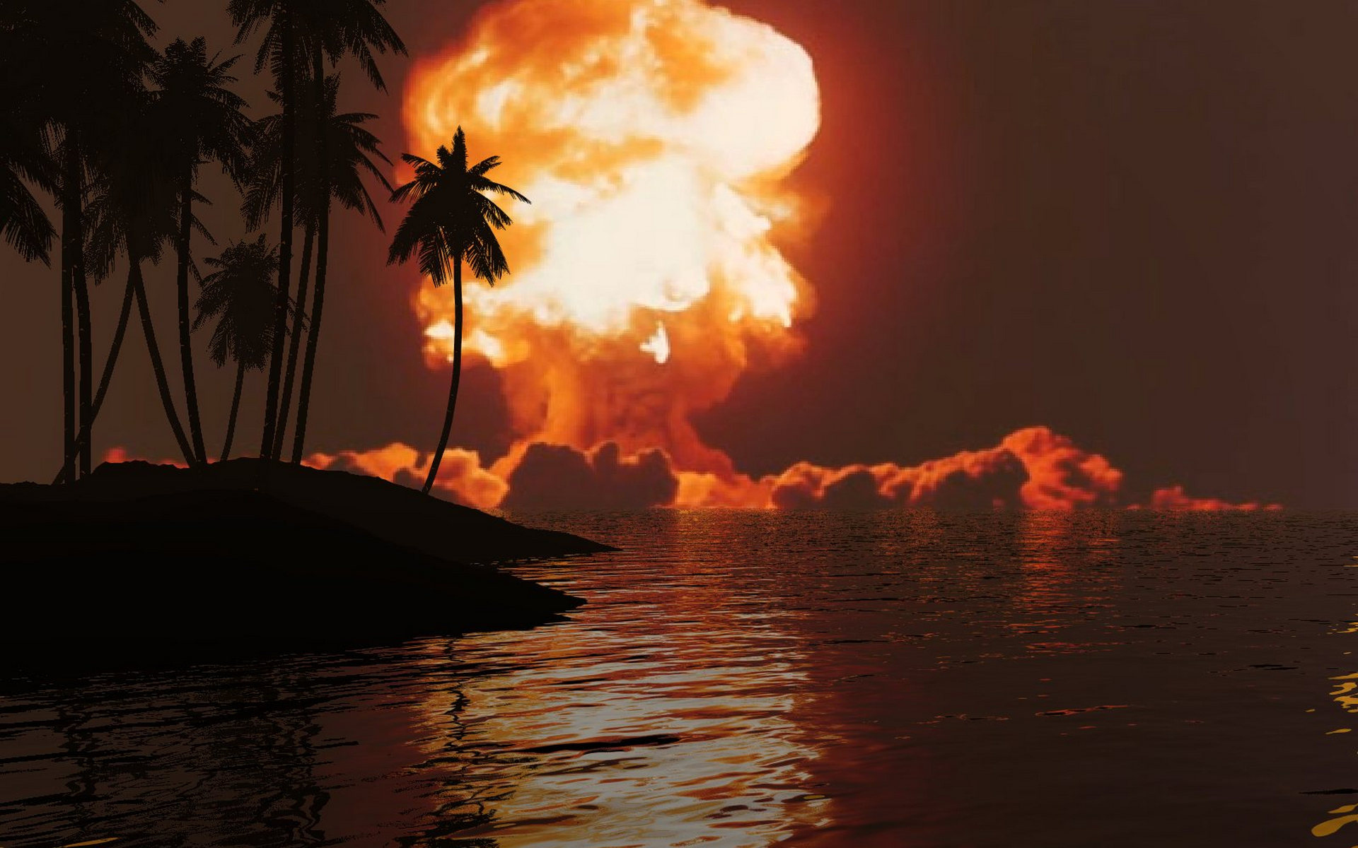 桌面上的壁纸岛屿 棕榈树 核爆炸