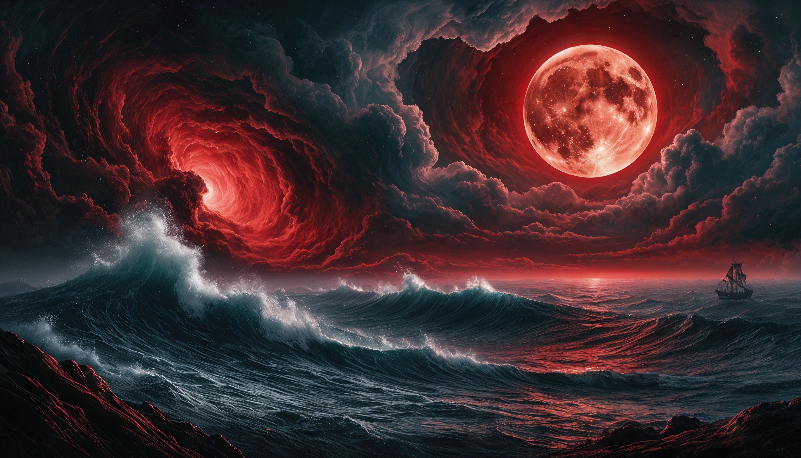 Бесплатное фото Драматичный ночной морской пейзаж с красной луной, освещающей бурное море и тяжёлые облака.