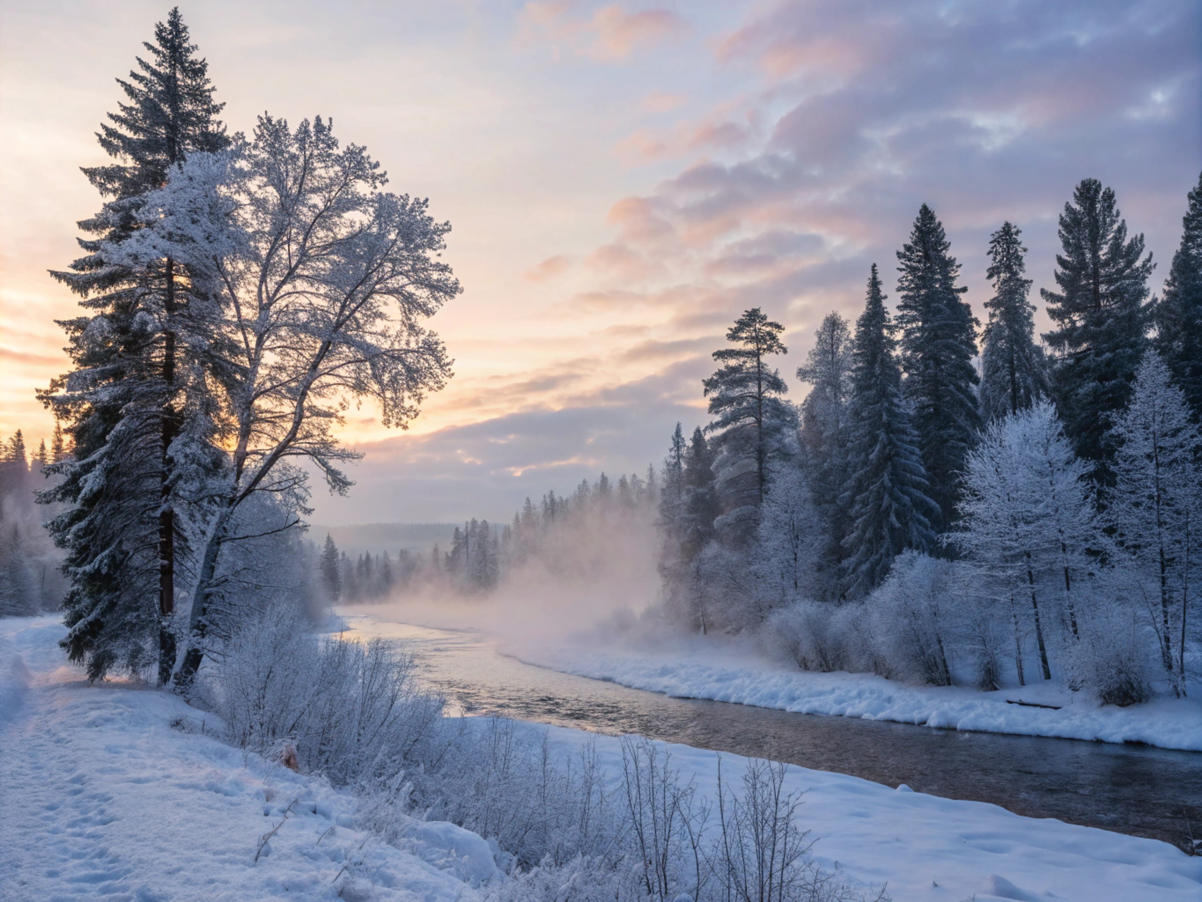 Бесплатное фото Река зимой в лесу утром