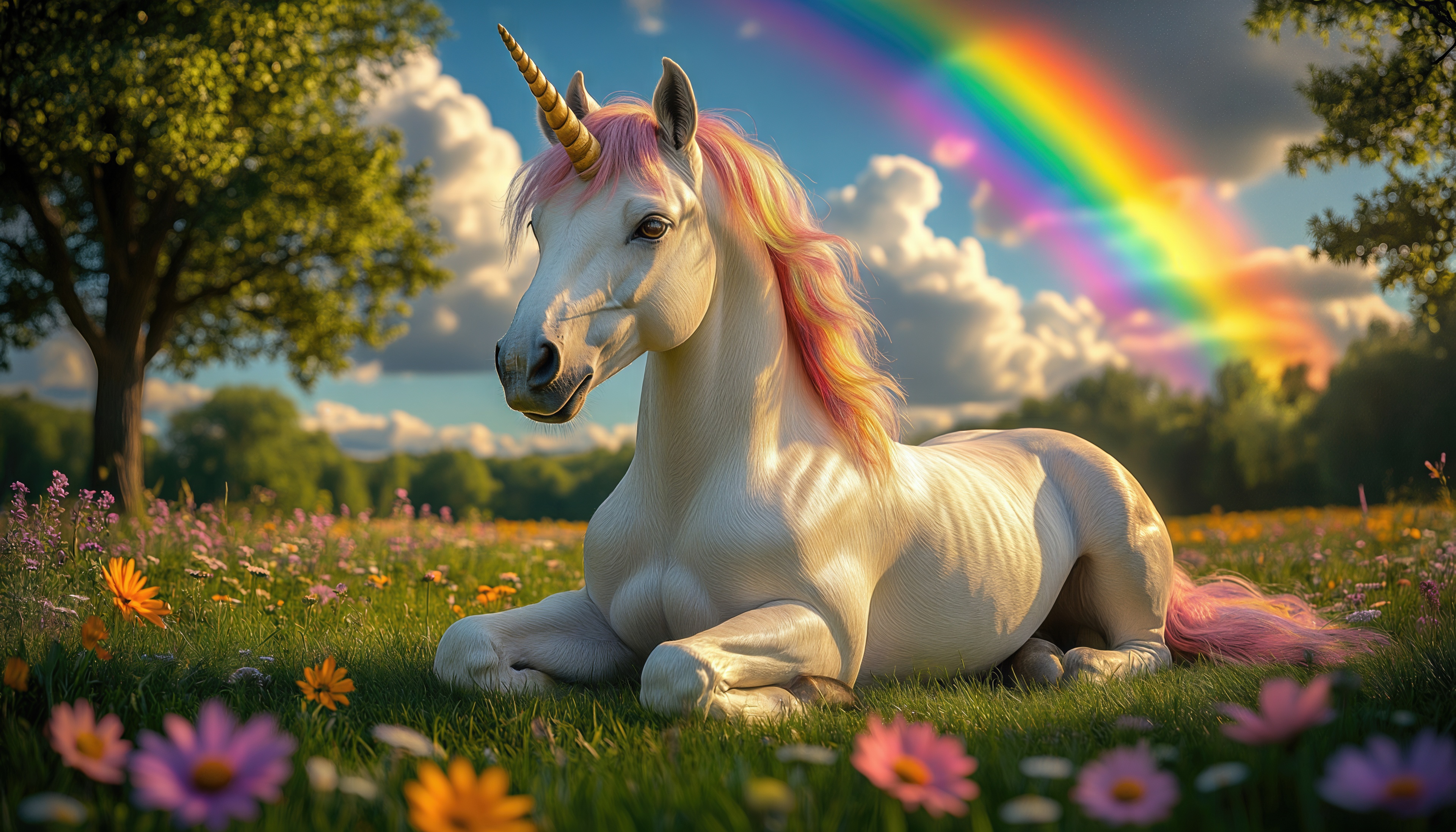 Бесплатное фото Единорог в окружении цветов и радужного сияния.