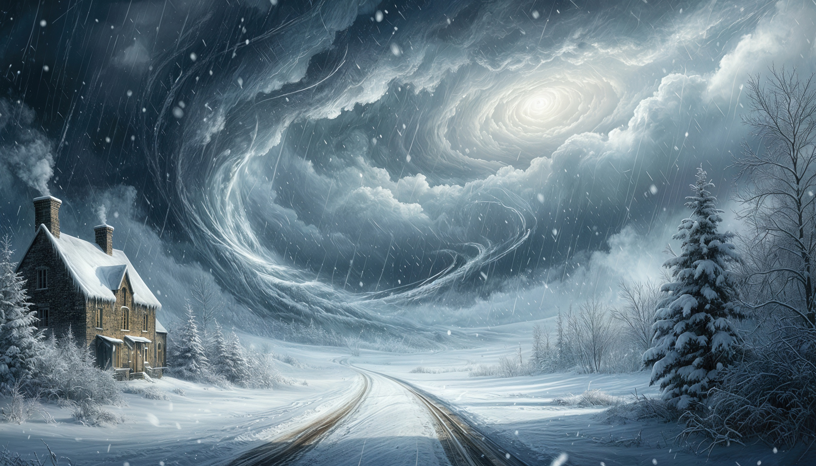 Зимний домик под натиском снежной бури, небо закручено в вихрь.