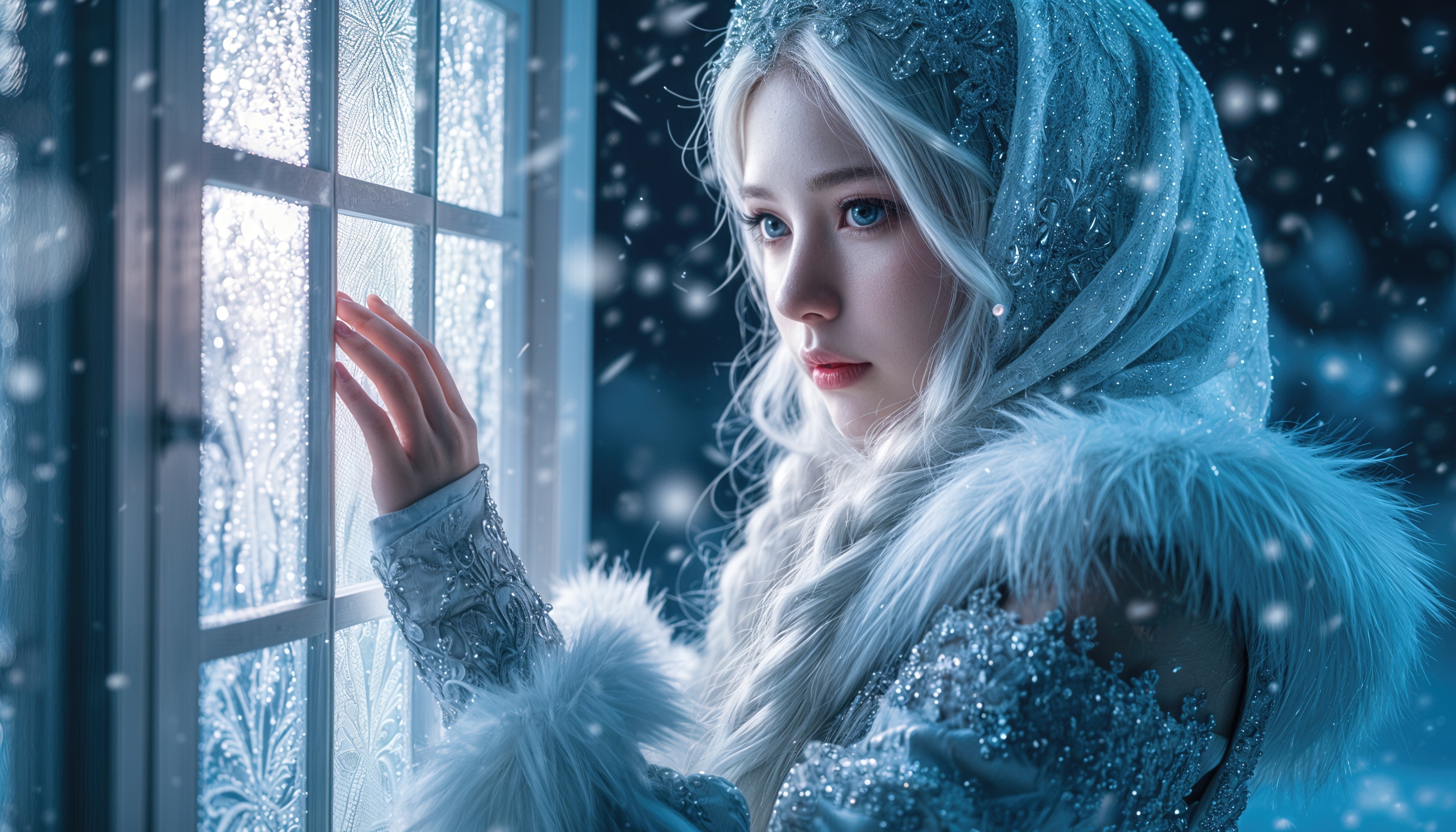 Бесплатное фото Девушка в зимнем платье у окна с узорами изморози.