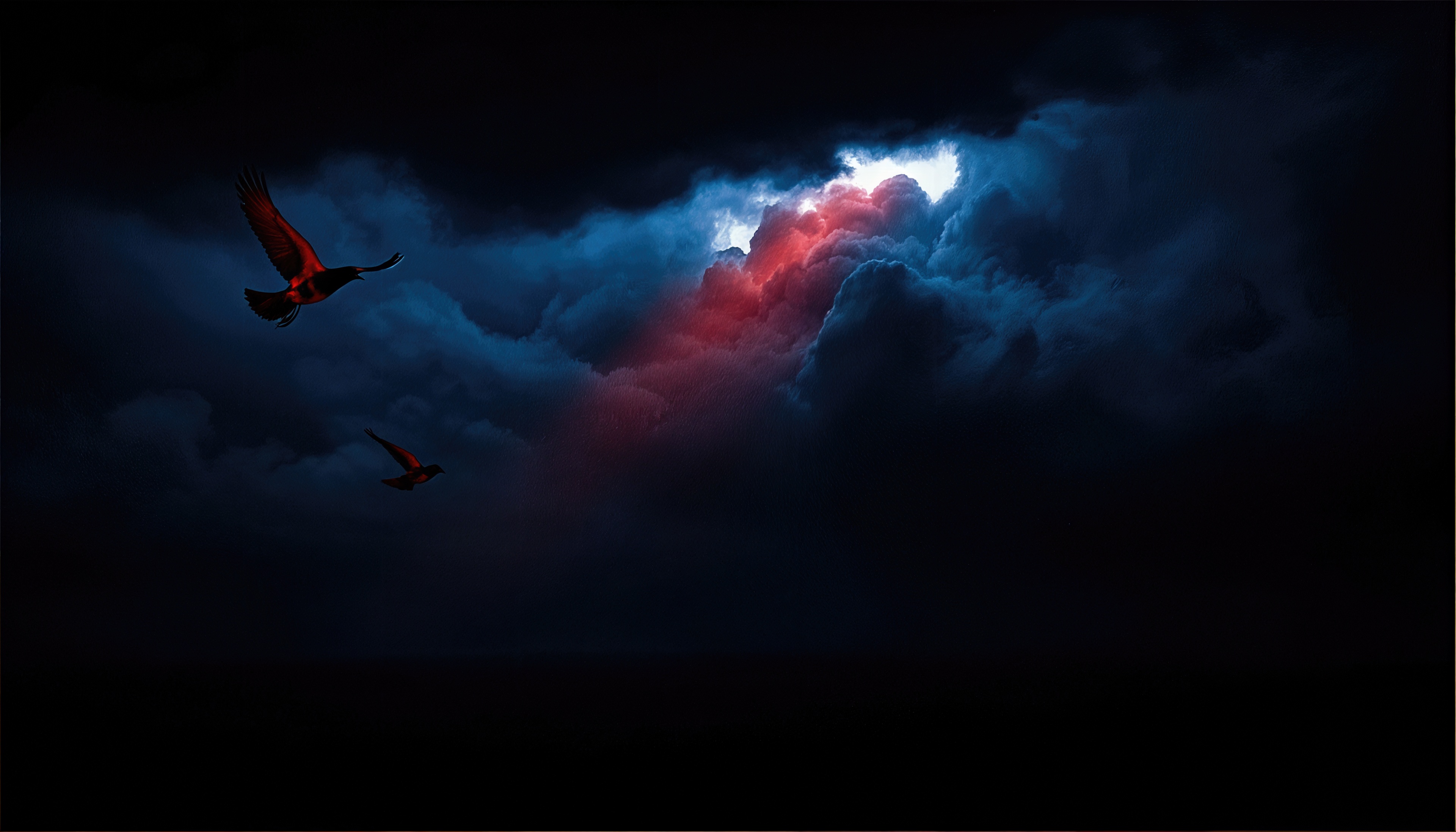 Free photo Two birds soar in the gloomy sky, illuminated by a mysterious light.