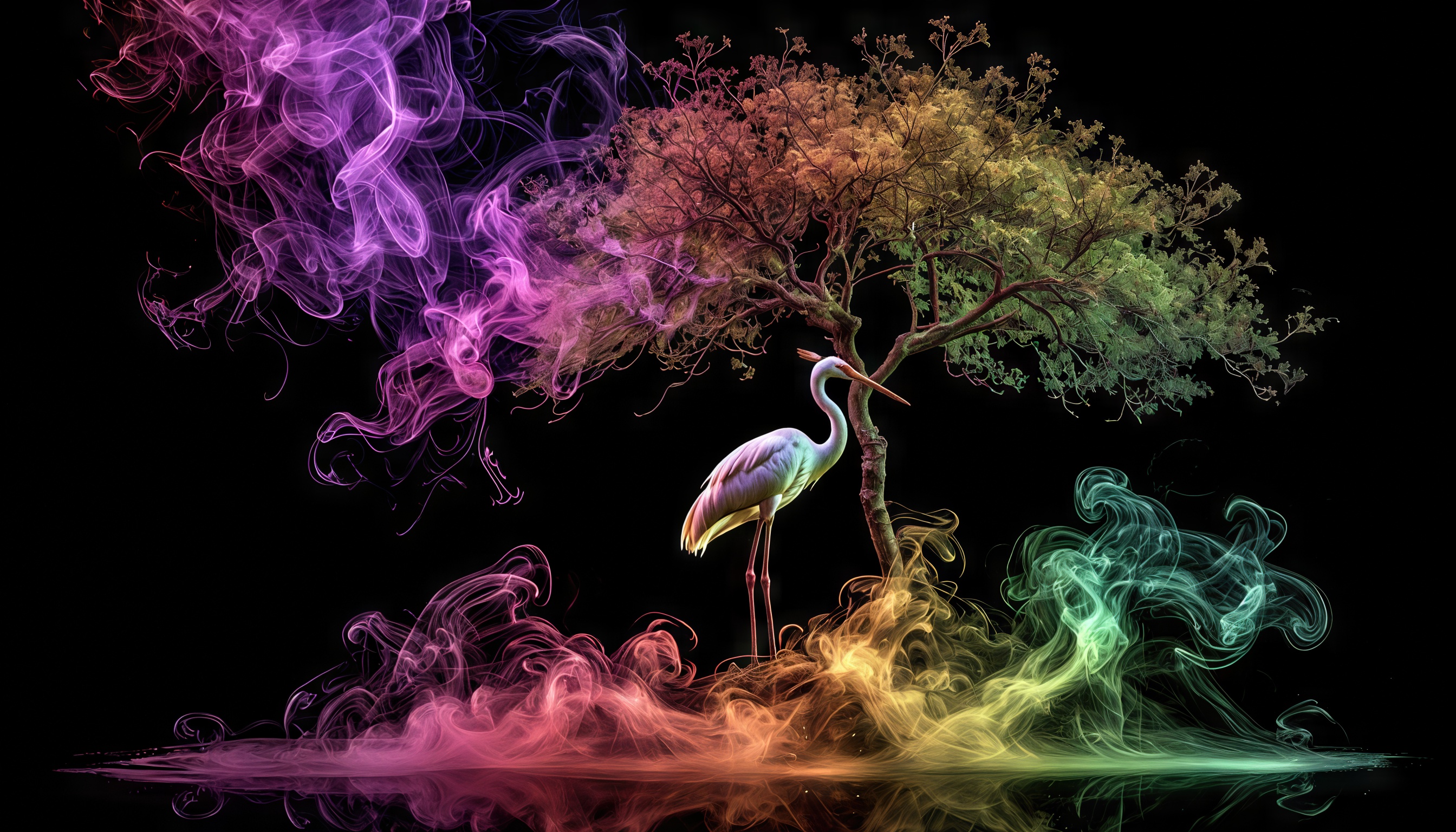 Бесплатное фото Журавль в центре абстрактной композиции с дымом и яркими цветами на темном фоне.