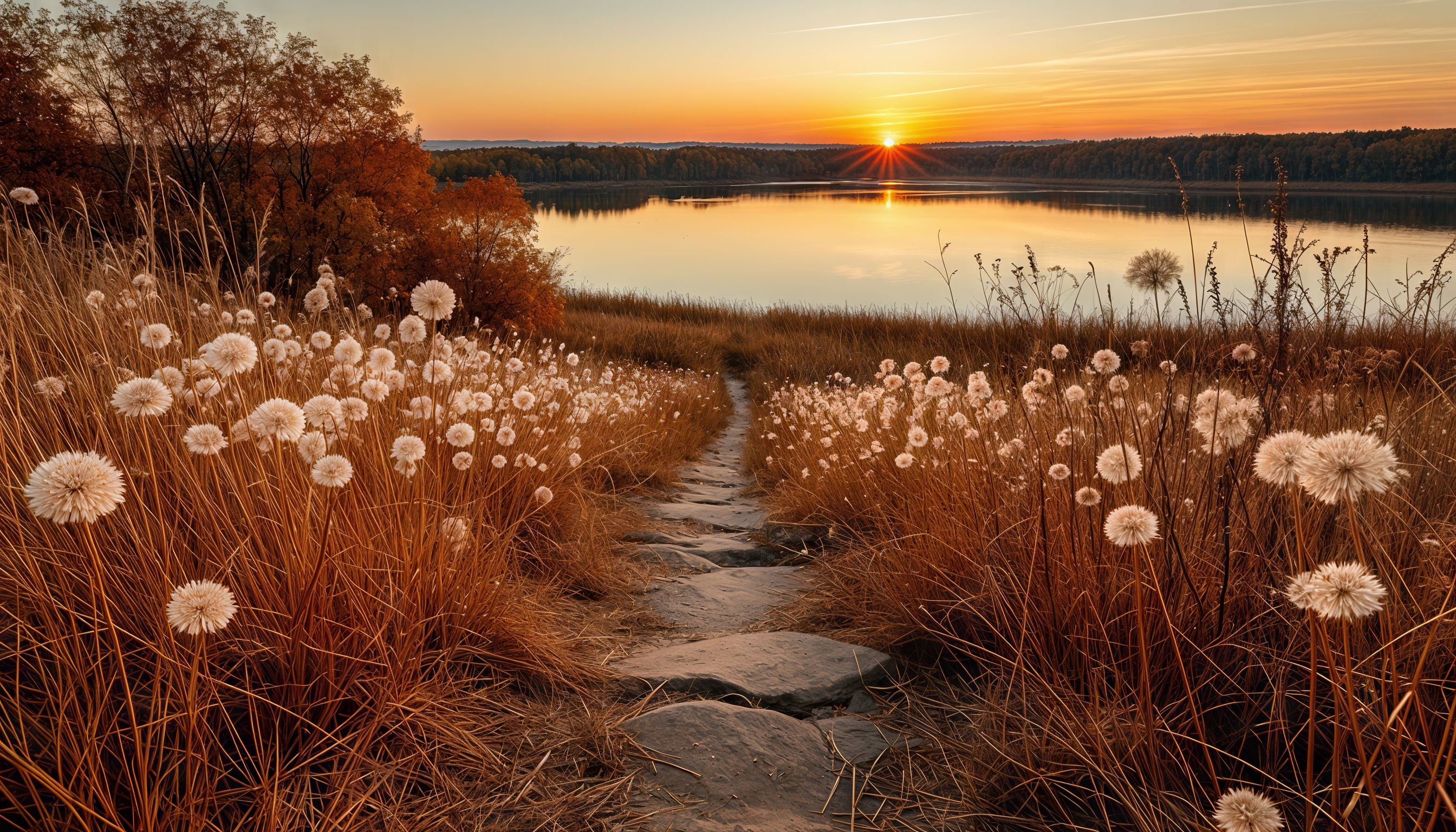 Бесплатное фото Осенний пейзаж с тропинкой, ведущей к озеру, на фоне заката и золотистых деревьев.