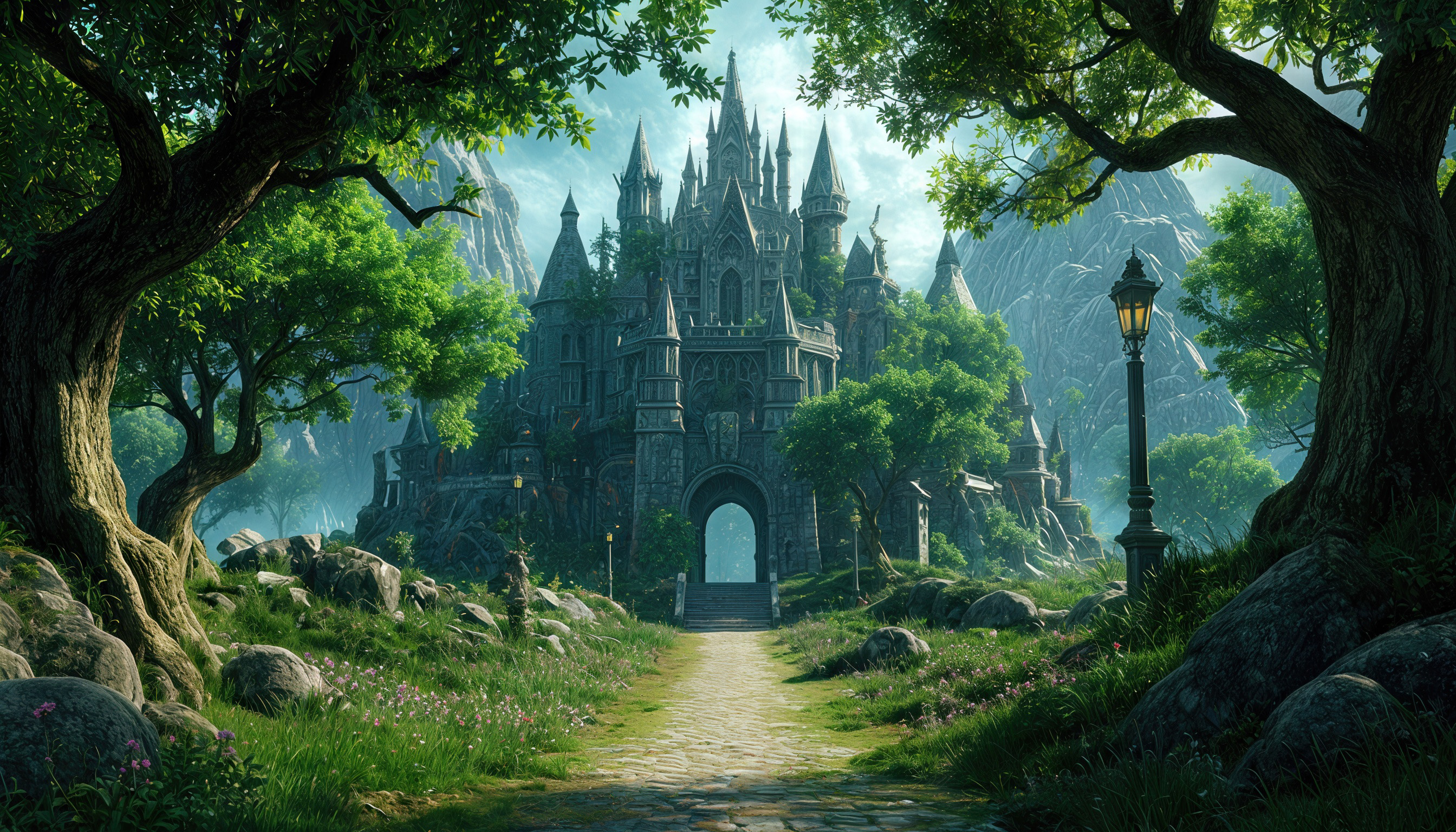 Тропа, ведущая через лес к старому заброшенному эльфийскому дворцу, окруженному лесом и горами.