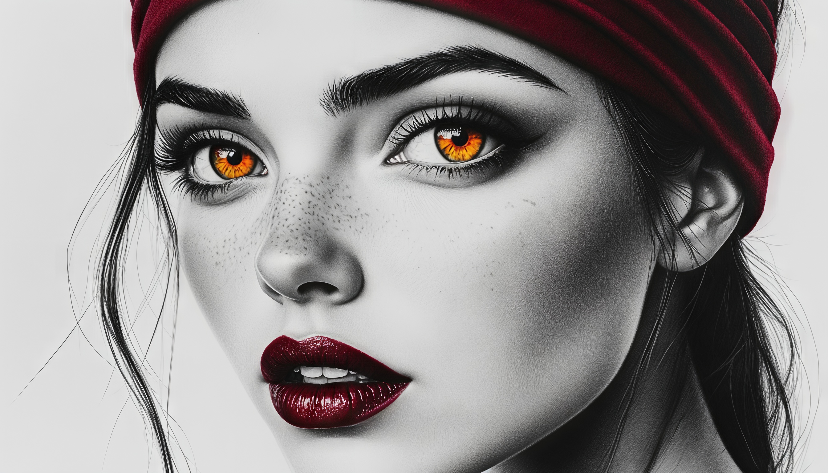 Бесплатное фото Портрет девушки с янтарными глазами и ярко-бордовыми губами.