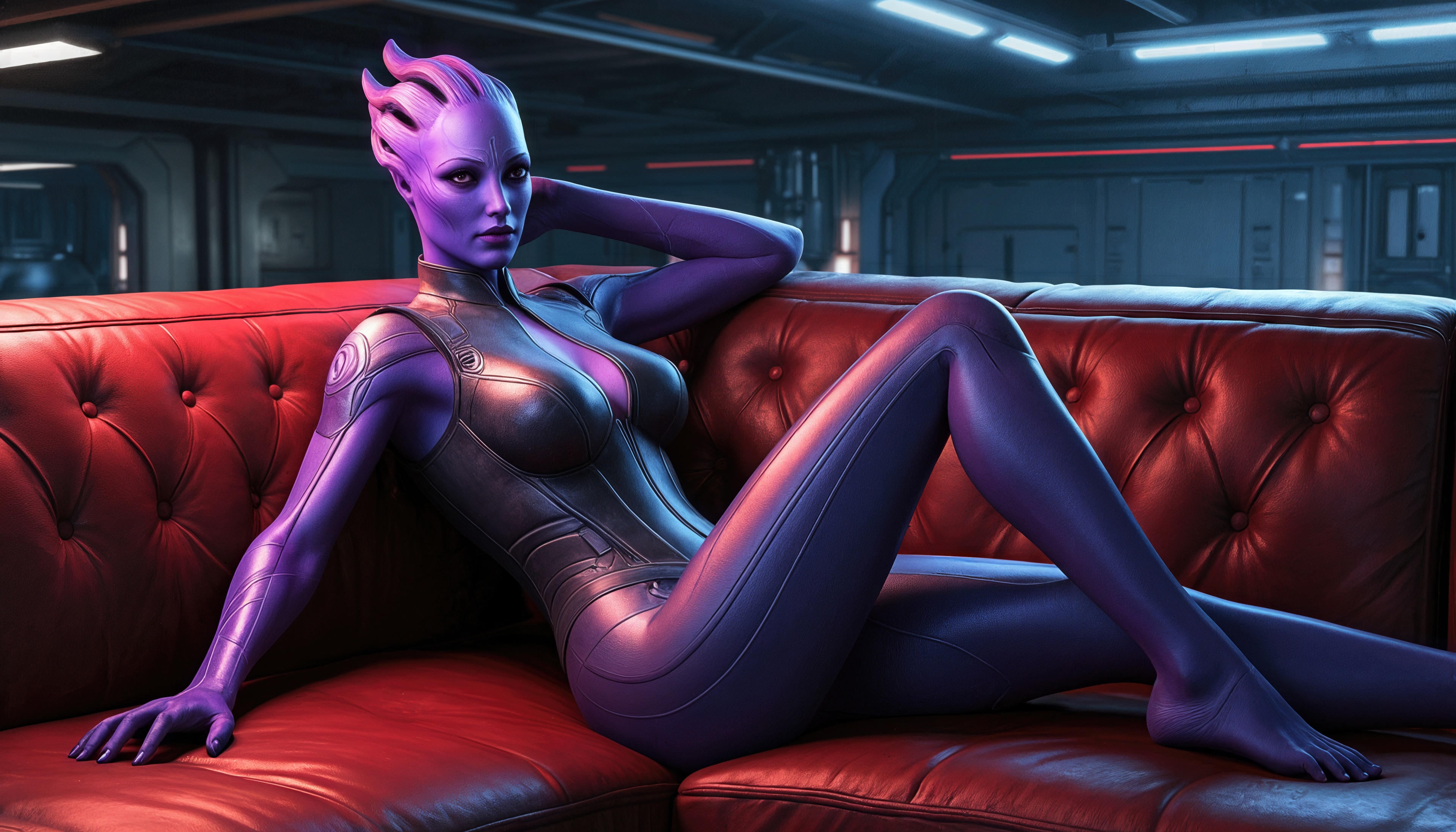 Бесплатное фото Азари в футуристическом костюме расслабленно полулежит на красном кожаном диване.