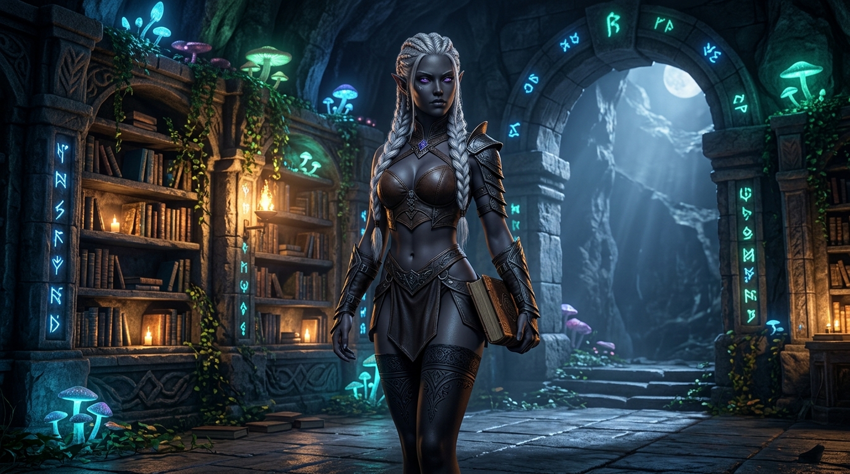 Free photo A dark-skinned elf woman with a book in an ancient runic library
