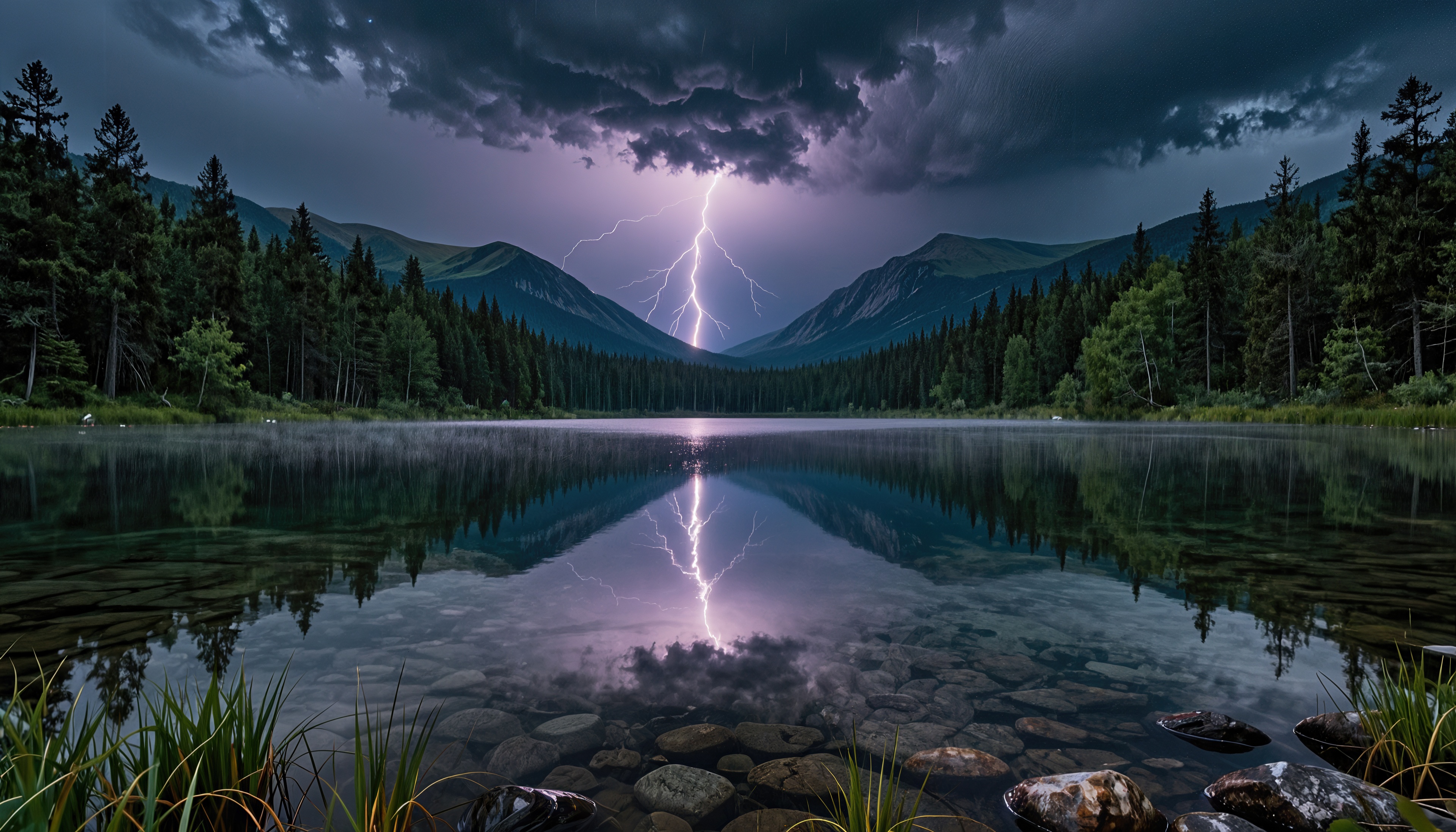 Epic thunderstorm landscape: purple lightning in the middle of night mountains, rocky shore and dark pine forest on PC.