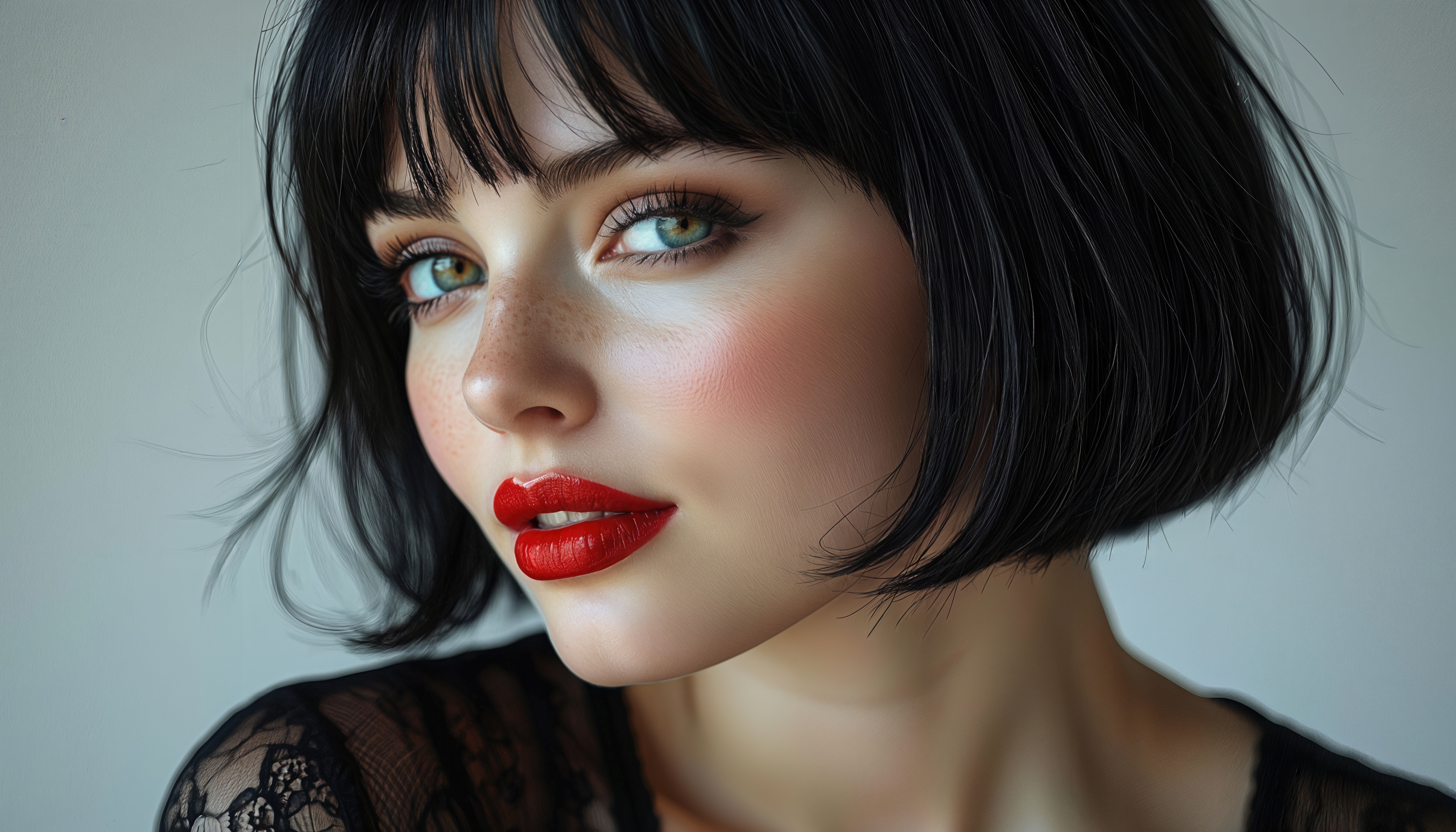 Стильный портрет: каре с чёлкой, макияж глаз и ярко накрашенные губы.