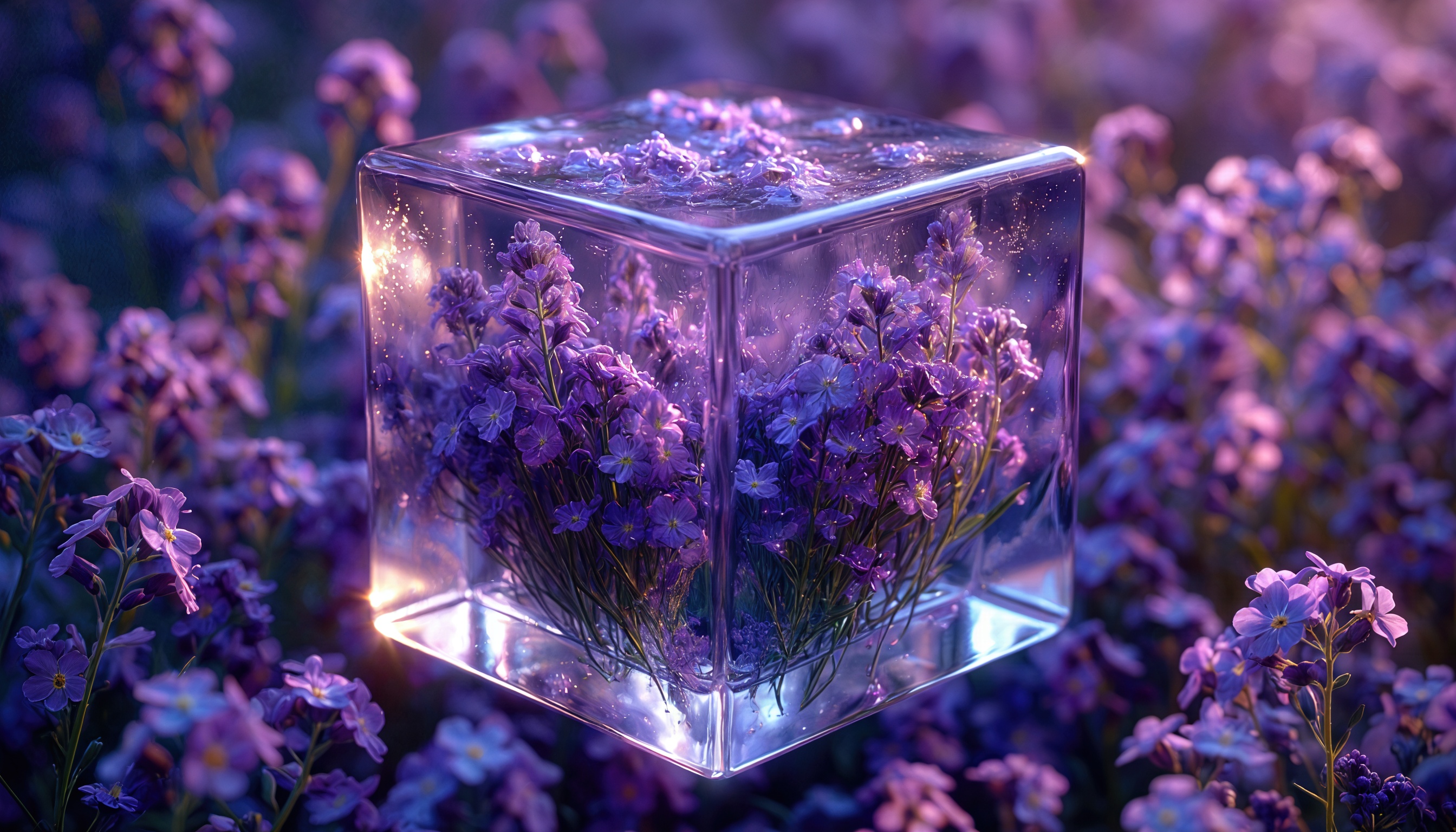 Бесплатное фото Куб с фиолетовыми цветами внутри, освещённый и окружённый размытыми цветами.