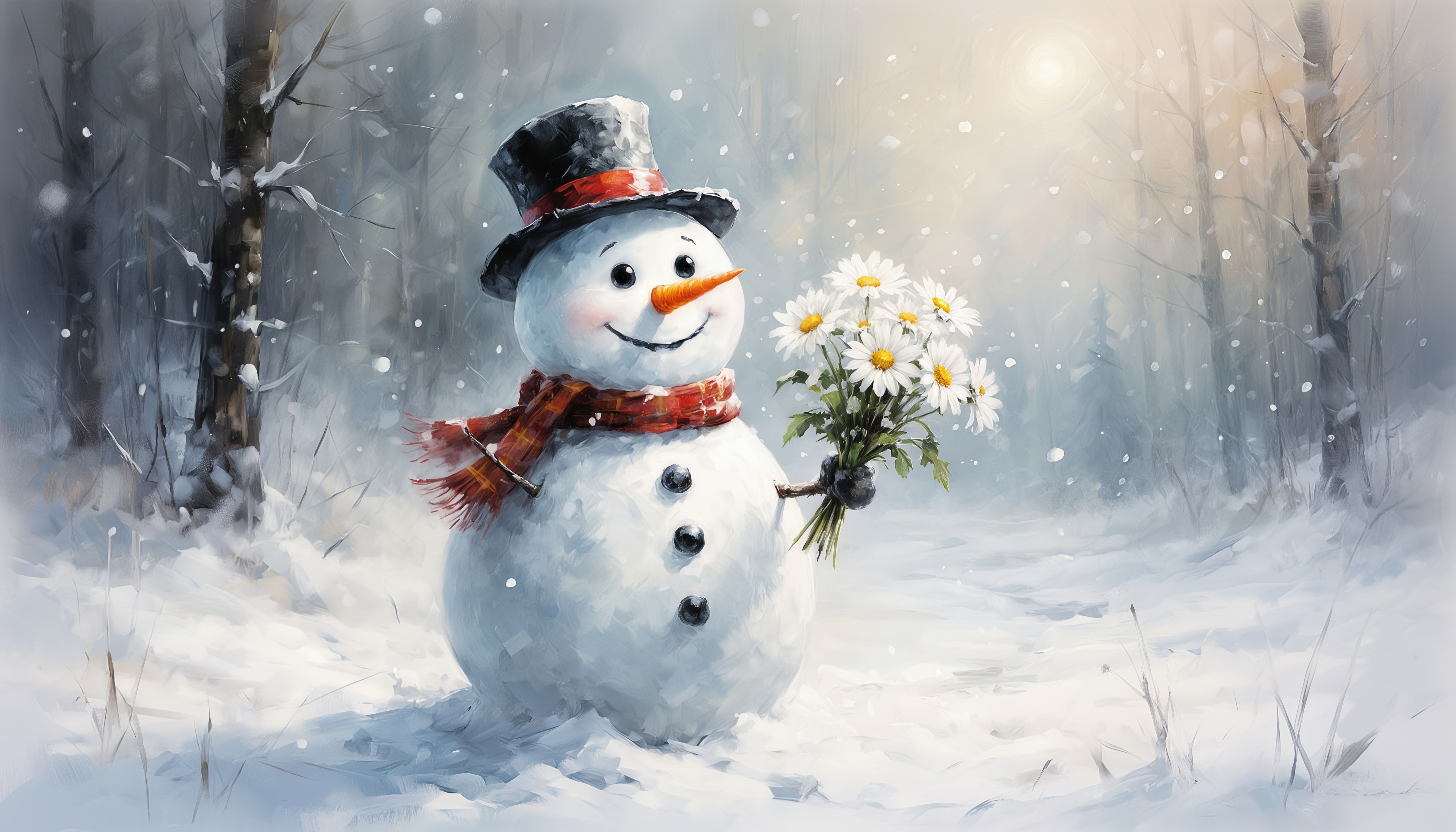 Бесплатное фото Весёлый снеговик среди заснеженных деревьев с цветами.