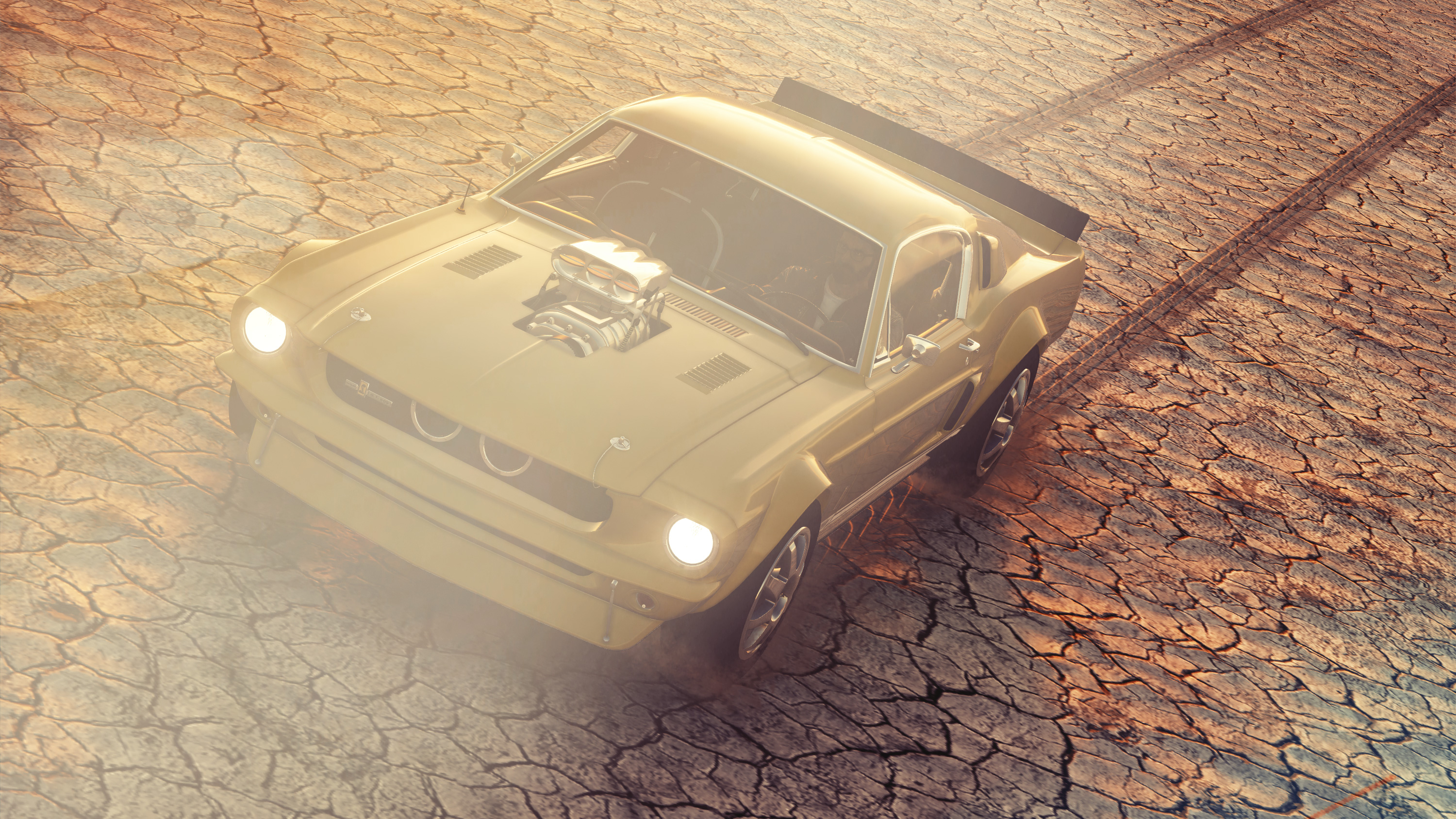 Yellow Ford Mustang driving through a dusty field.