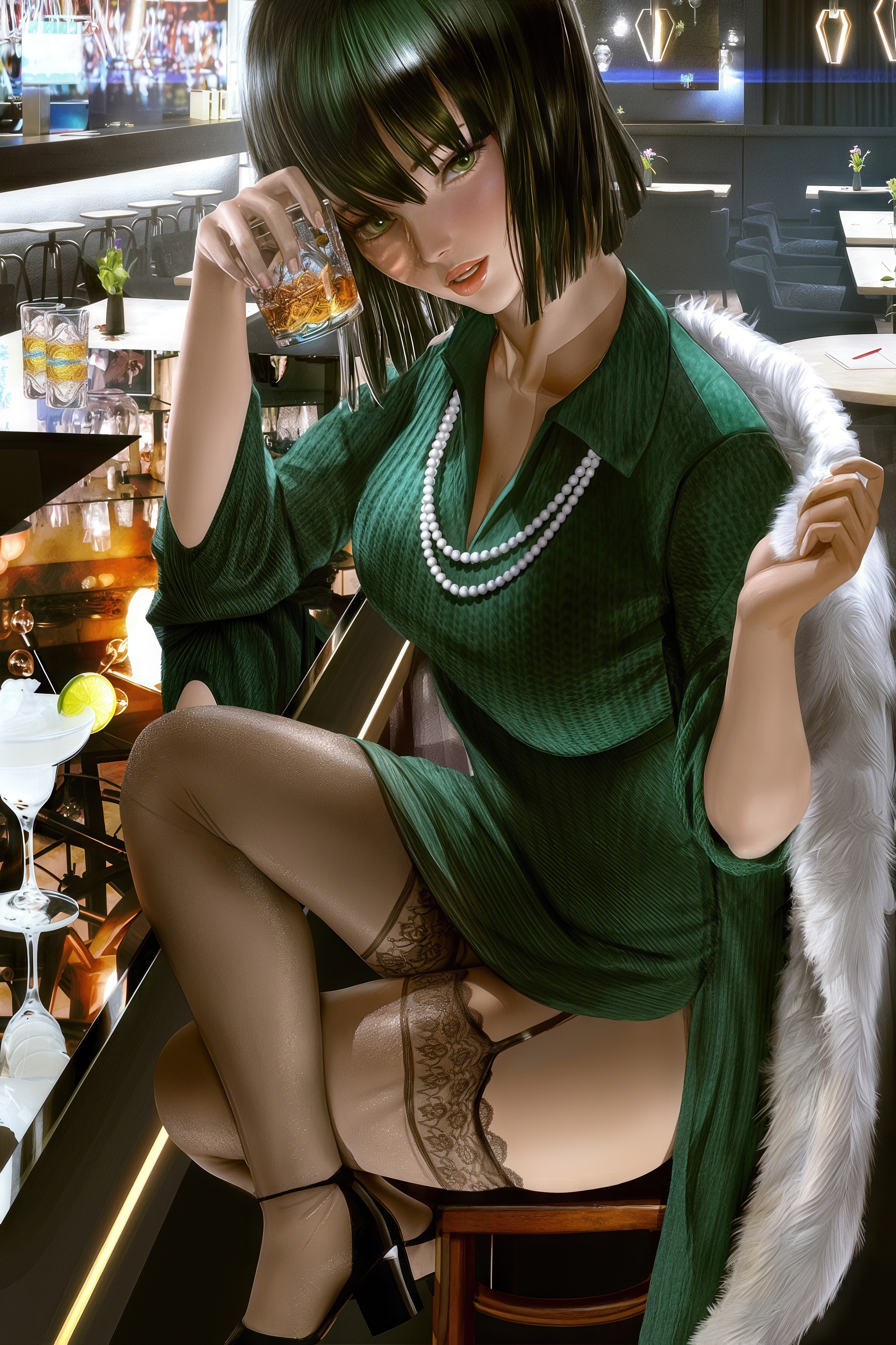 Free photo Fubuki from One Punch Man at a bar with a drink at the bar in a green dress with a fur collar and stockings.
