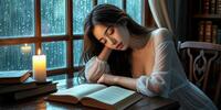 Девушка погрузилась в сон, пока читала книгу, сидя за столом, освещённый свечой под монотонный стук дождя.