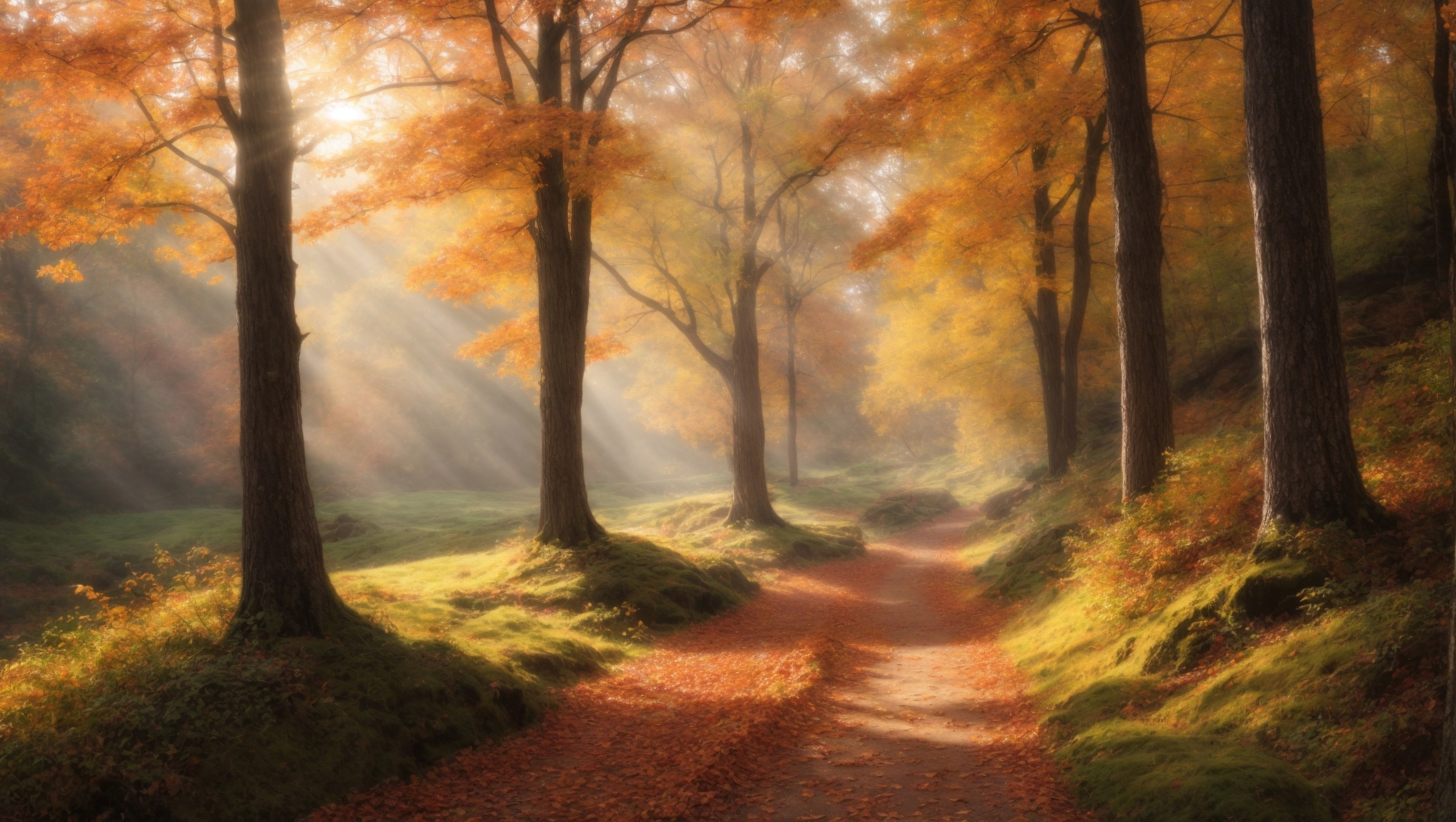 This is an autumn scene with sunbeams on the trees