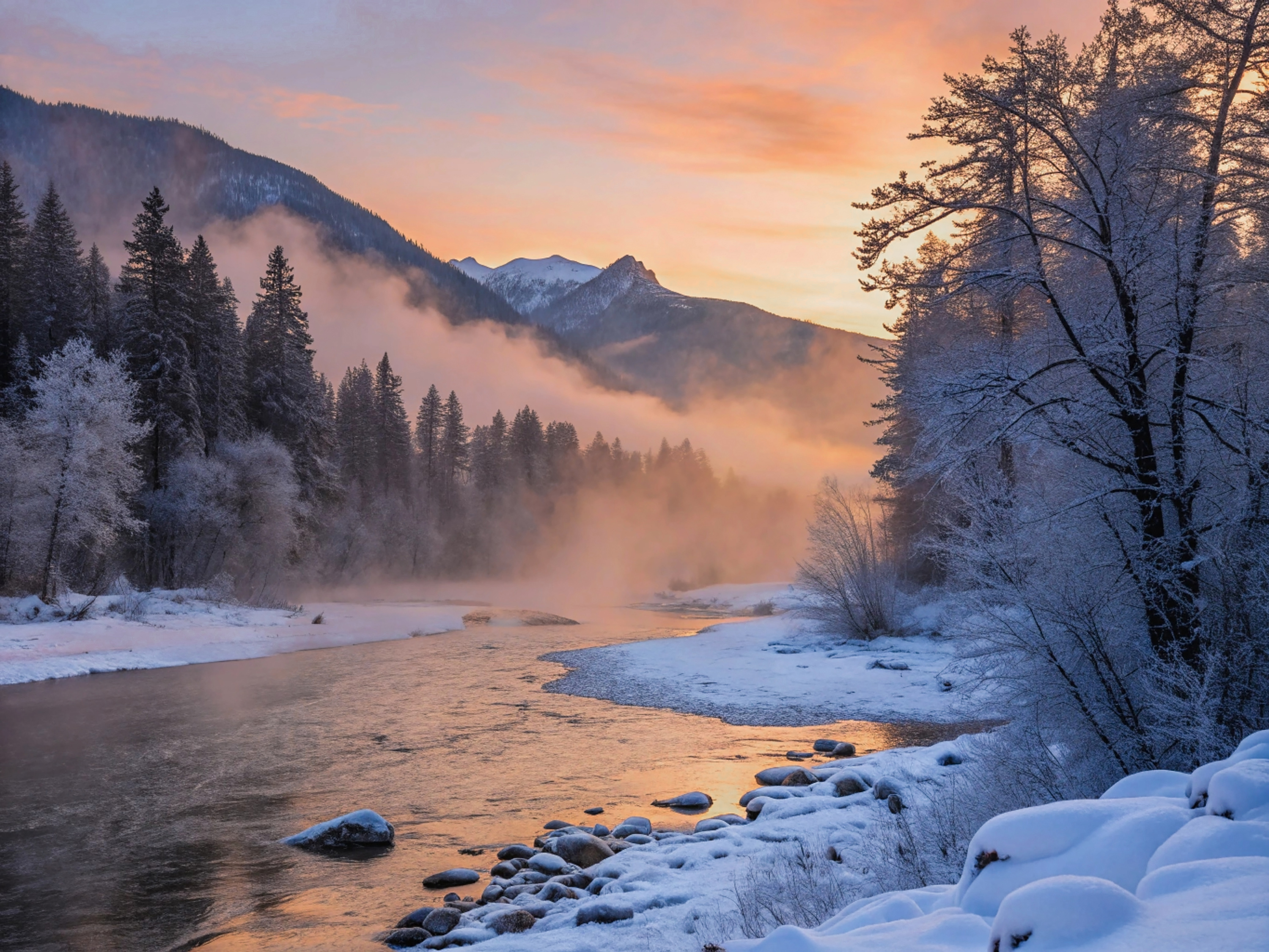 Dawn over a river in winter in Siberia
