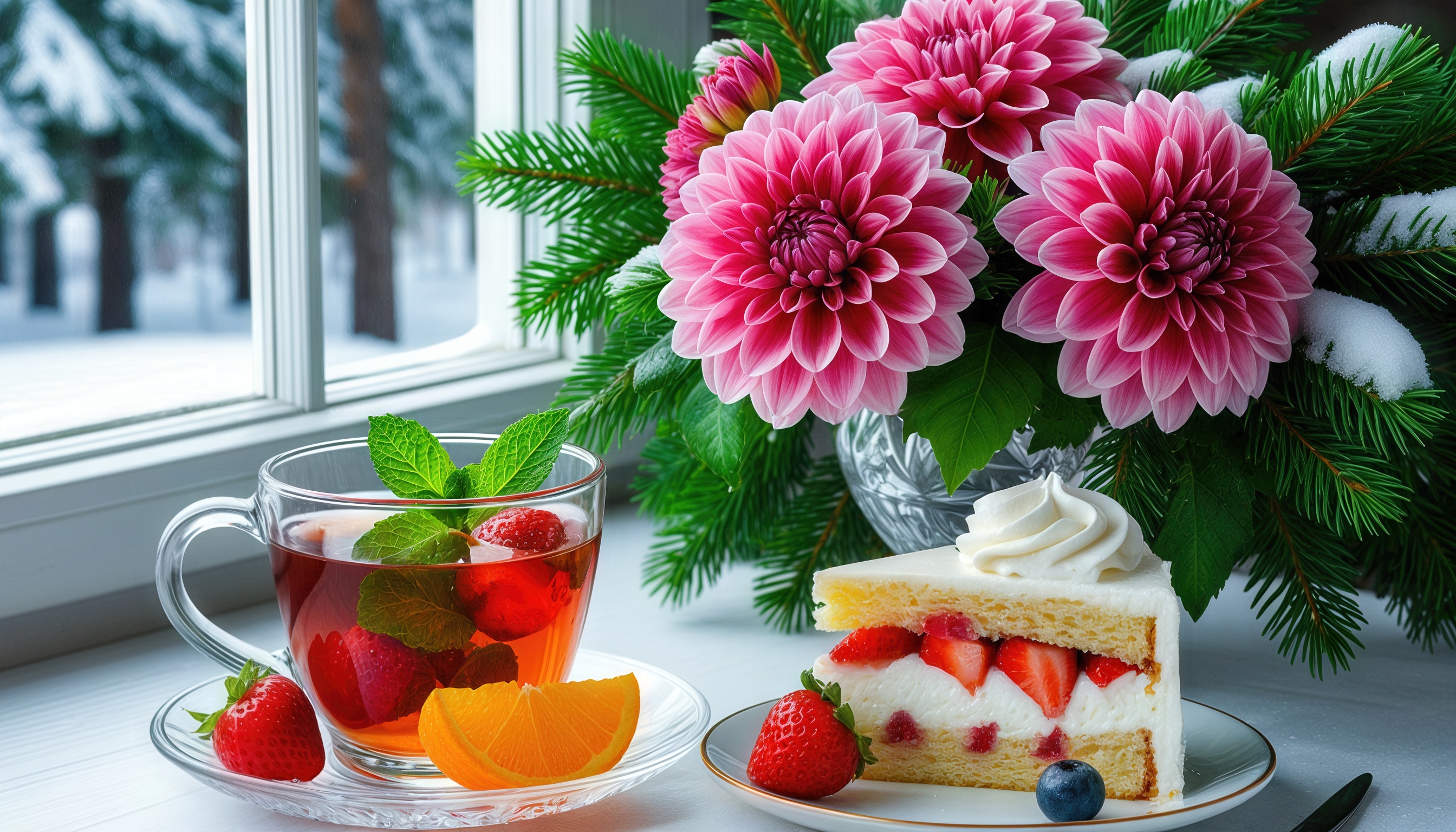 Бесплатное фото Чашка чая с мятой и клубникой у окна зимой, рядом - торт и букет георгинов.