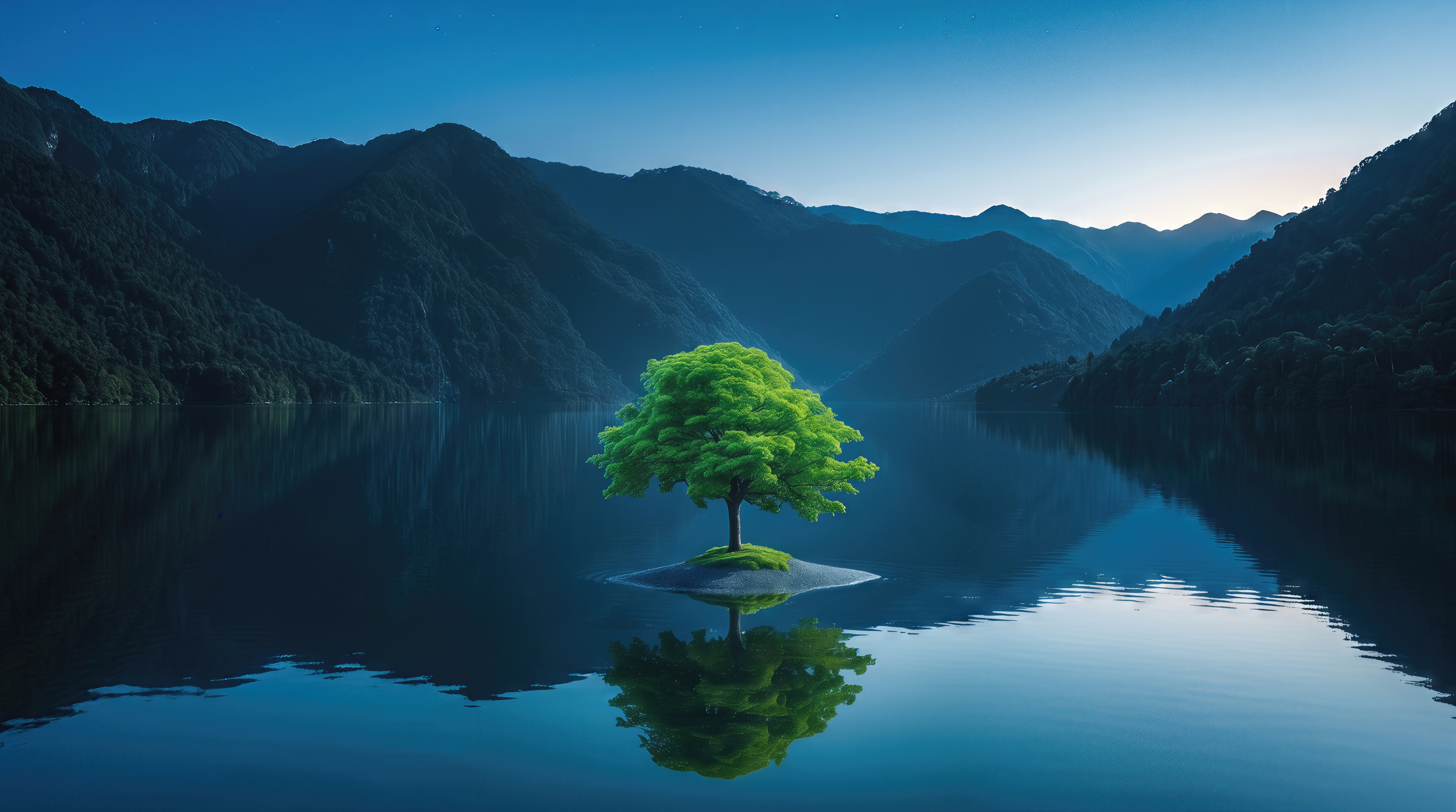 Free photo A single bright green tree on a tiny island in the middle of a mirror-smooth mountain lake.