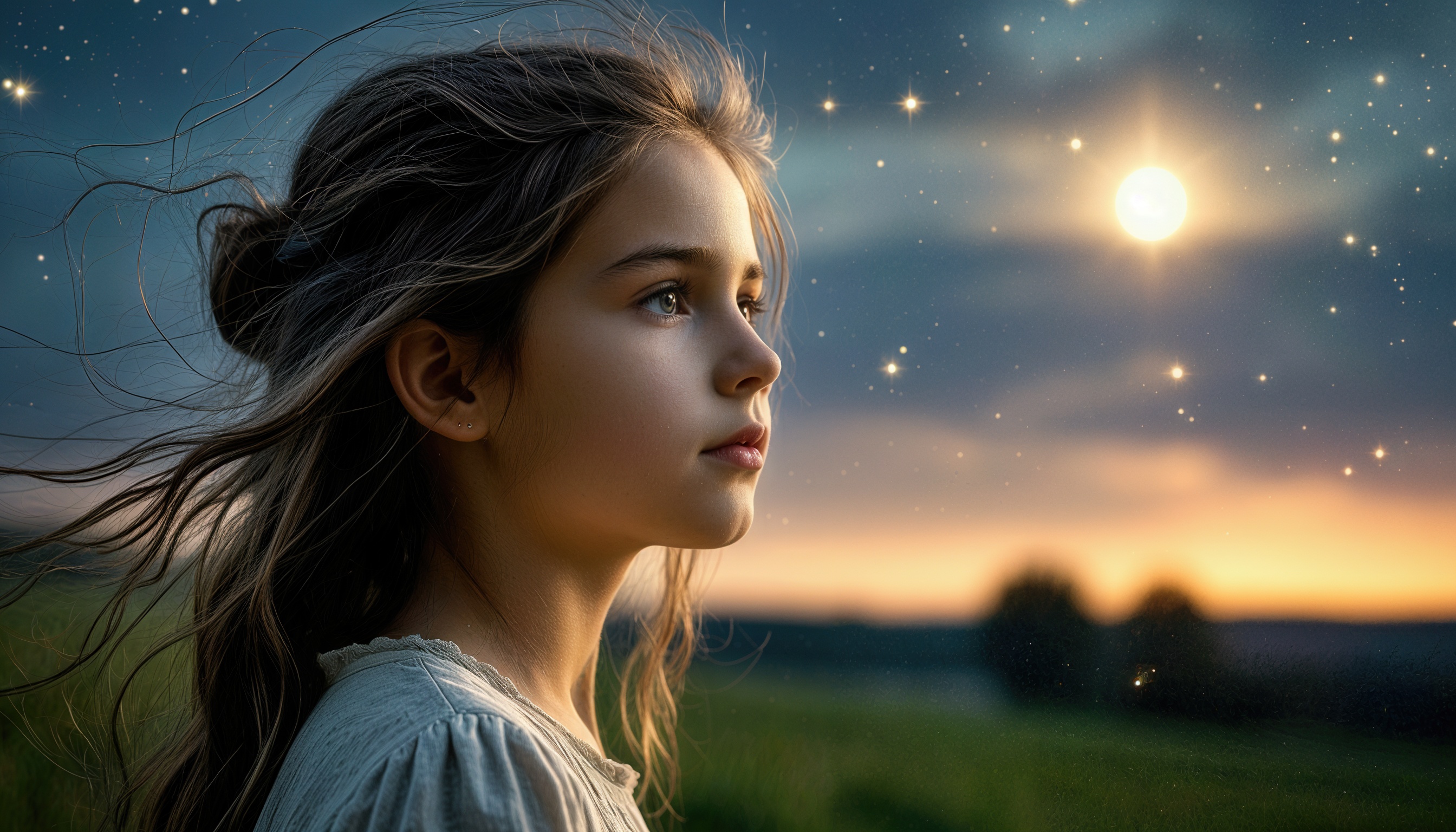 Бесплатное фото Девушка смотрит на звёздное небо на фоне заката.