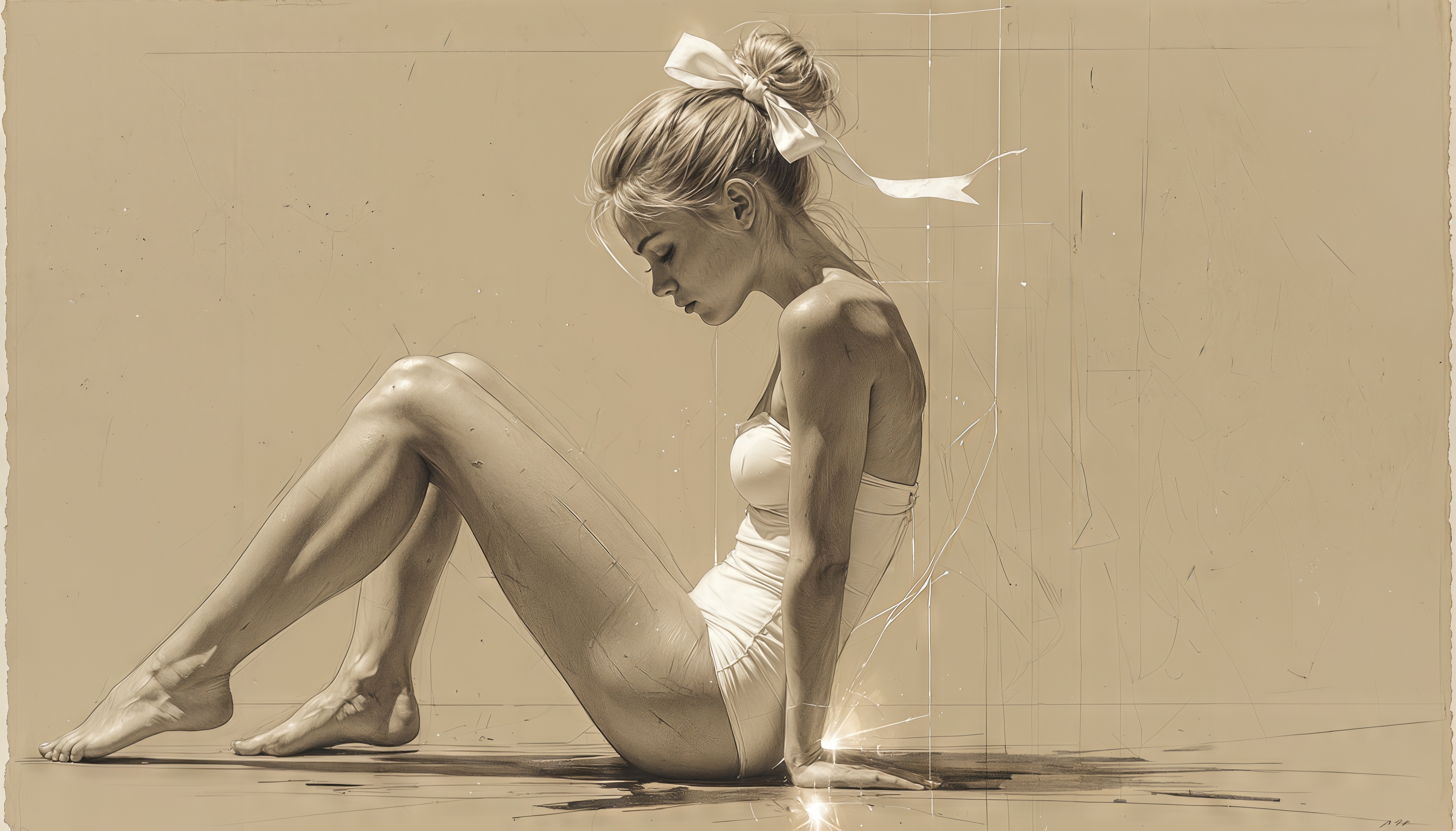 Бесплатное фото Сепия-арт: задумчивая девушка в минималистичном наряде, поза расслаблена.