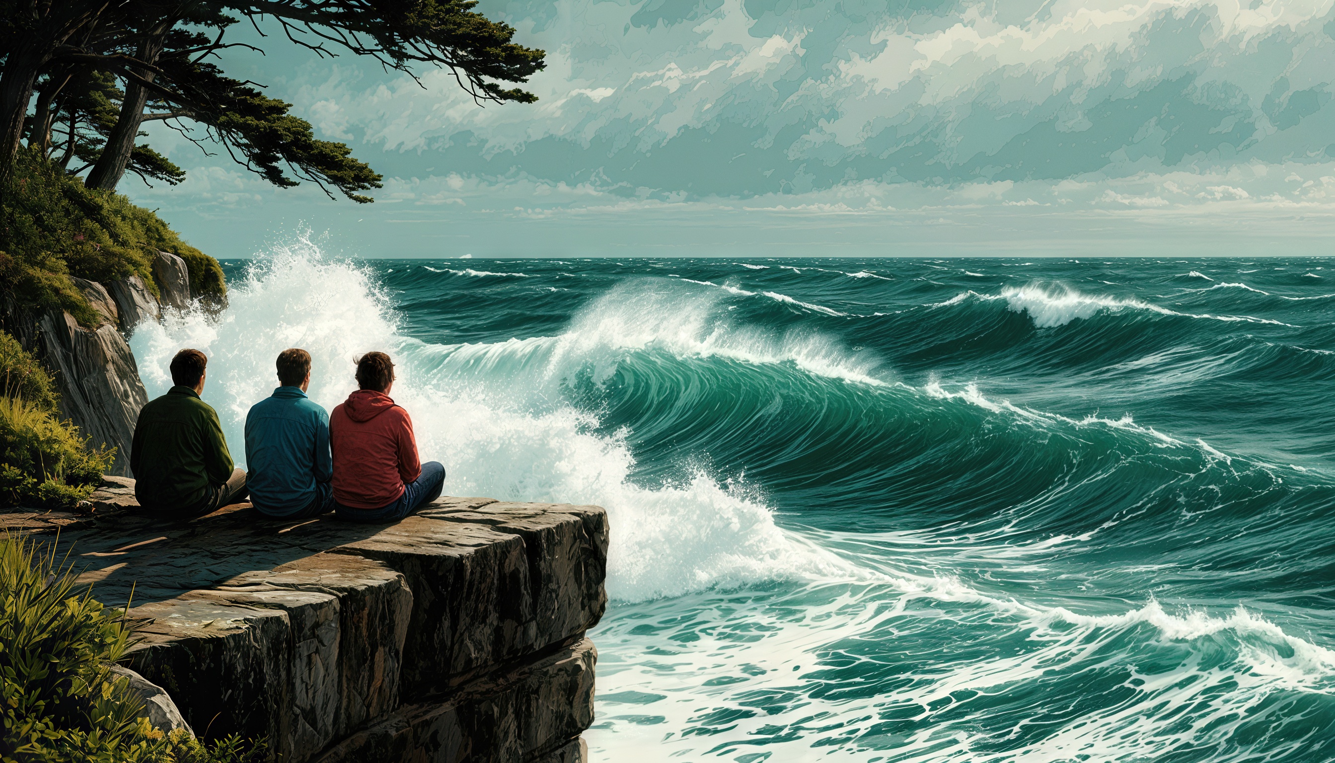 Бесплатное фото Друзья сидят на скале и любуются морем.