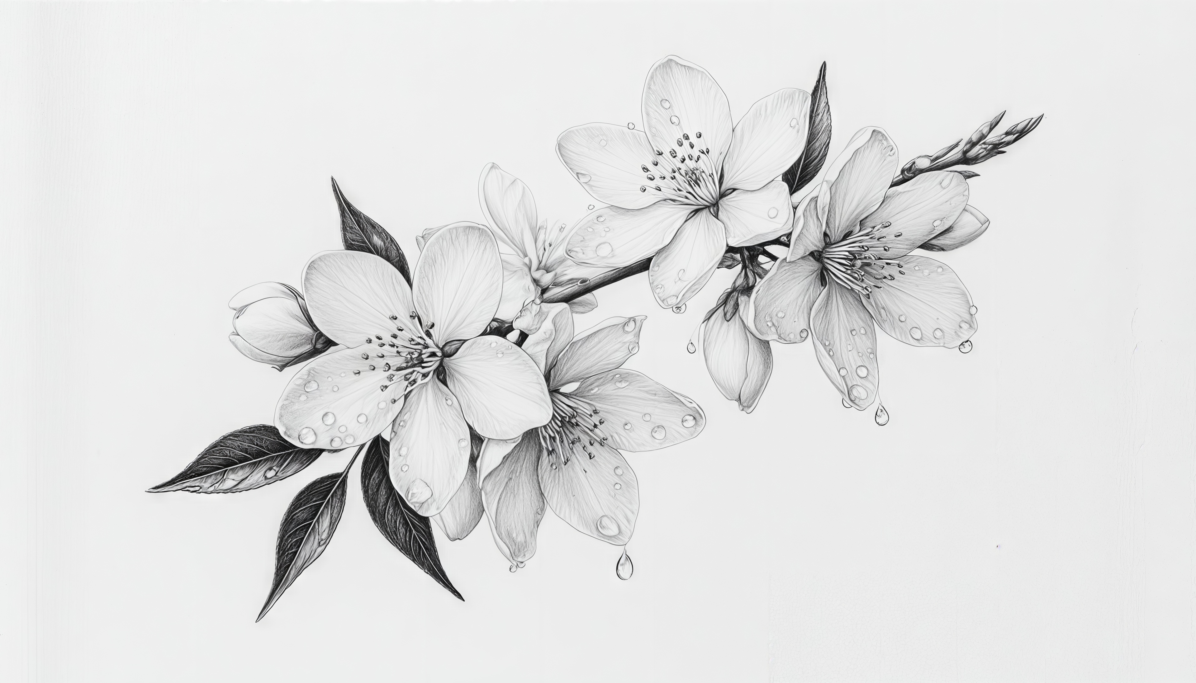 Free photo A black and white sketch of a flowering branch with dew drops on the petals - tenderness in the lines.