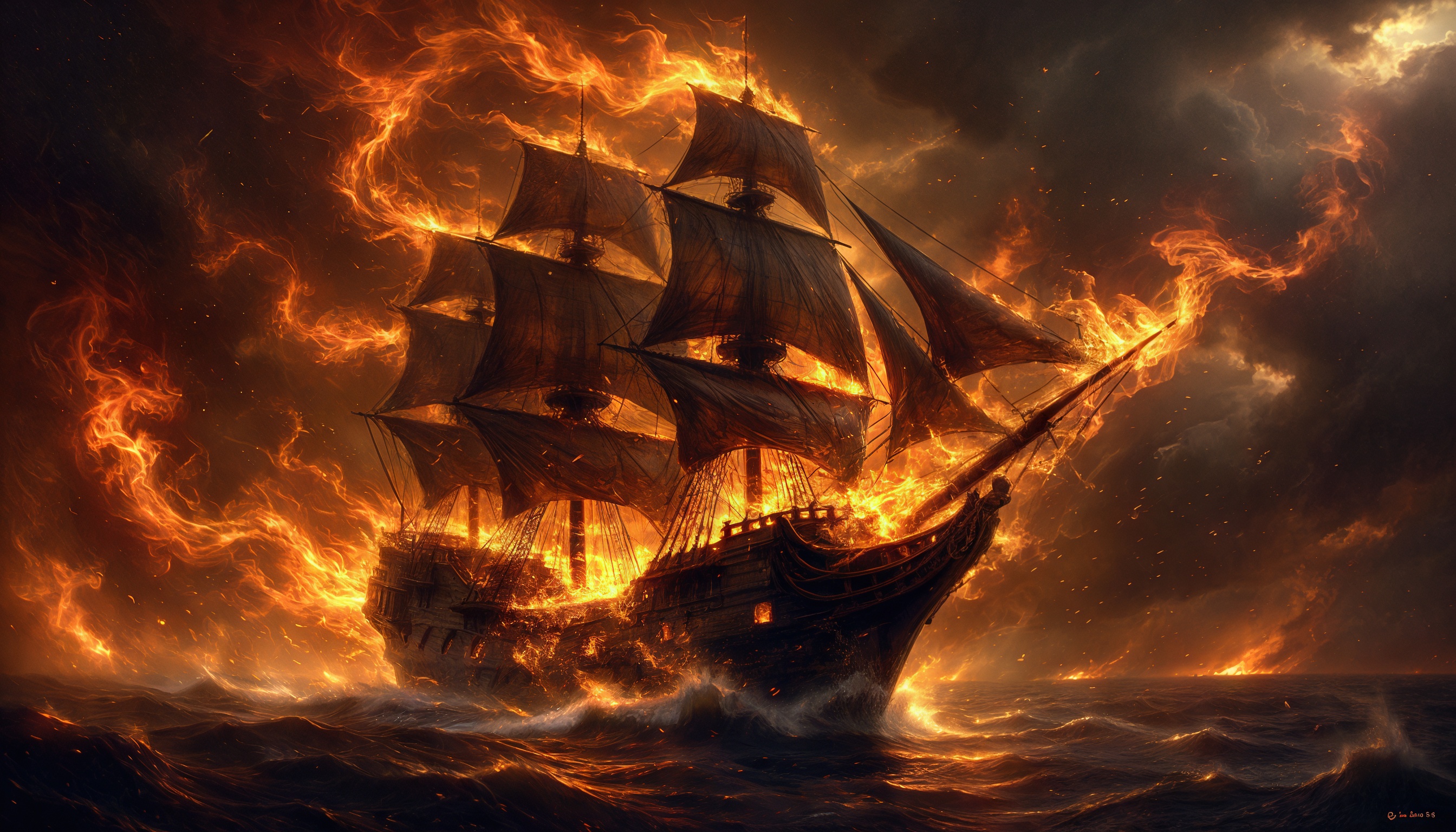 Бесплатное фото Корабль в огне плывет по бурному морю, создавая драматическую и напряженную сцену.