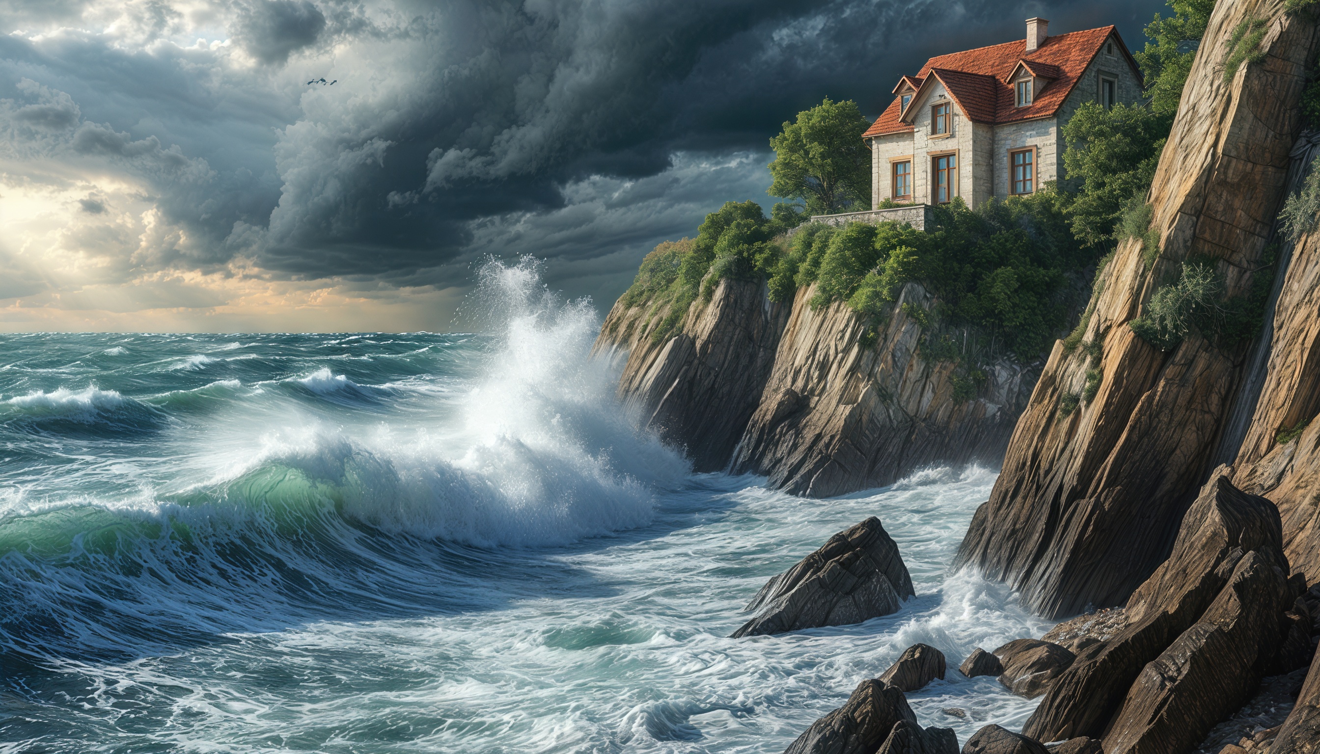 Дом на скале, окружённый бушующим морем и грозовыми тучами.