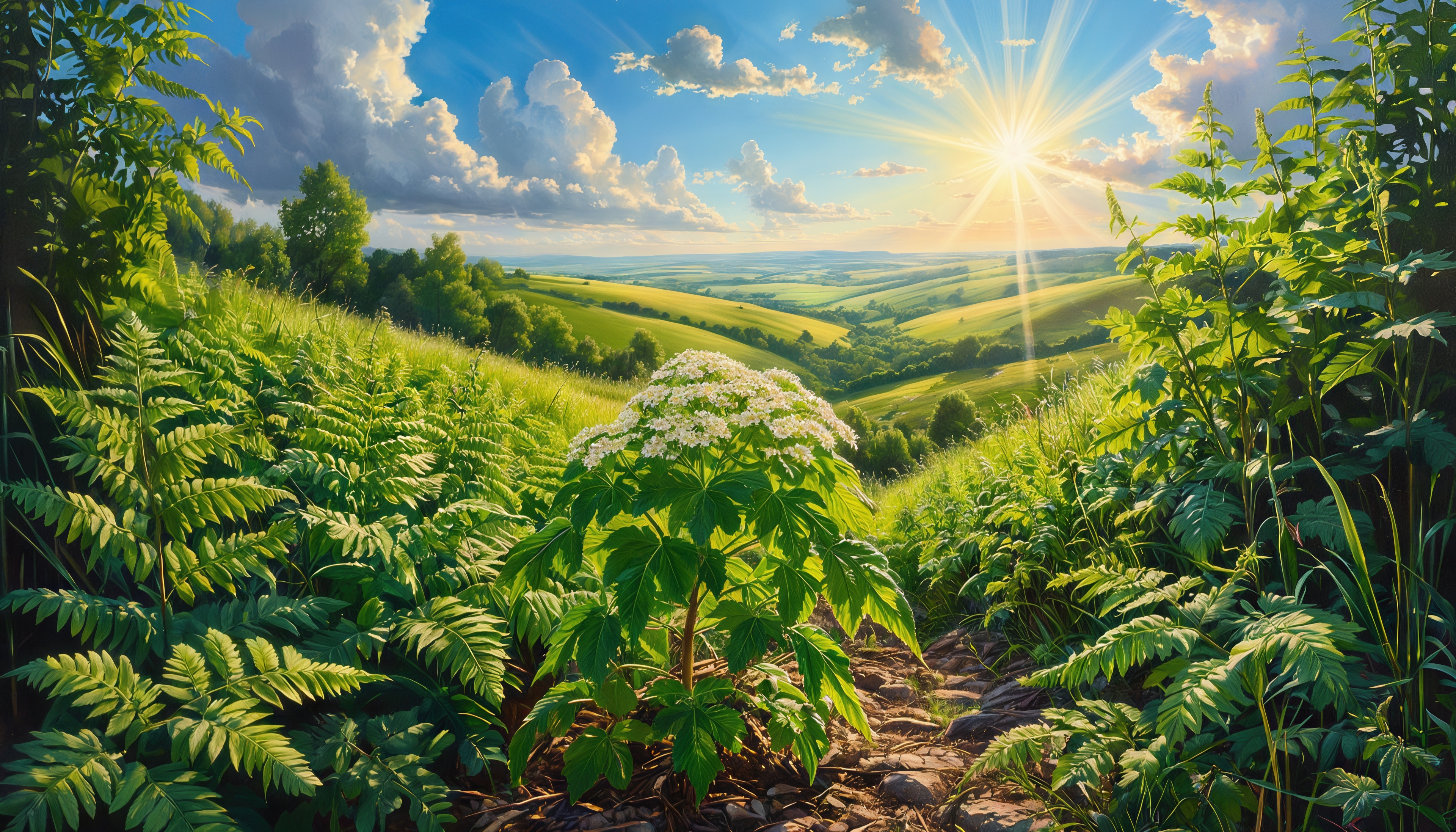 Бесплатное фото Цветущий куст на фоне залитых солнцем лугов.