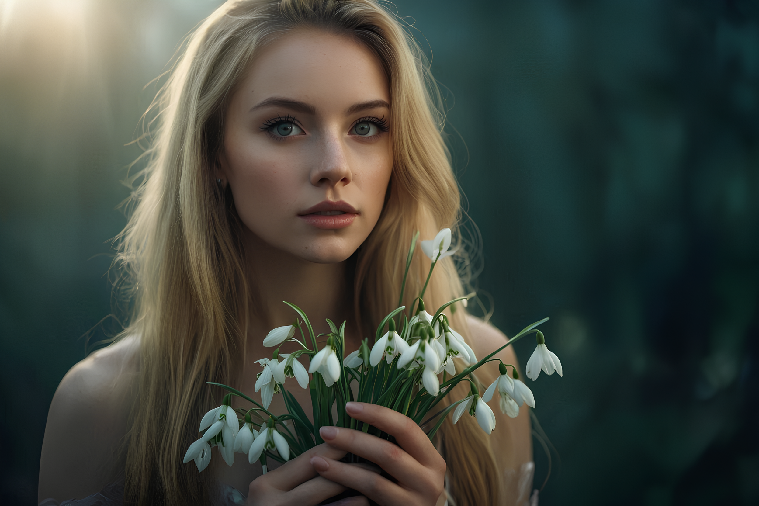 Free photo Portrait of a girl with snowdrops