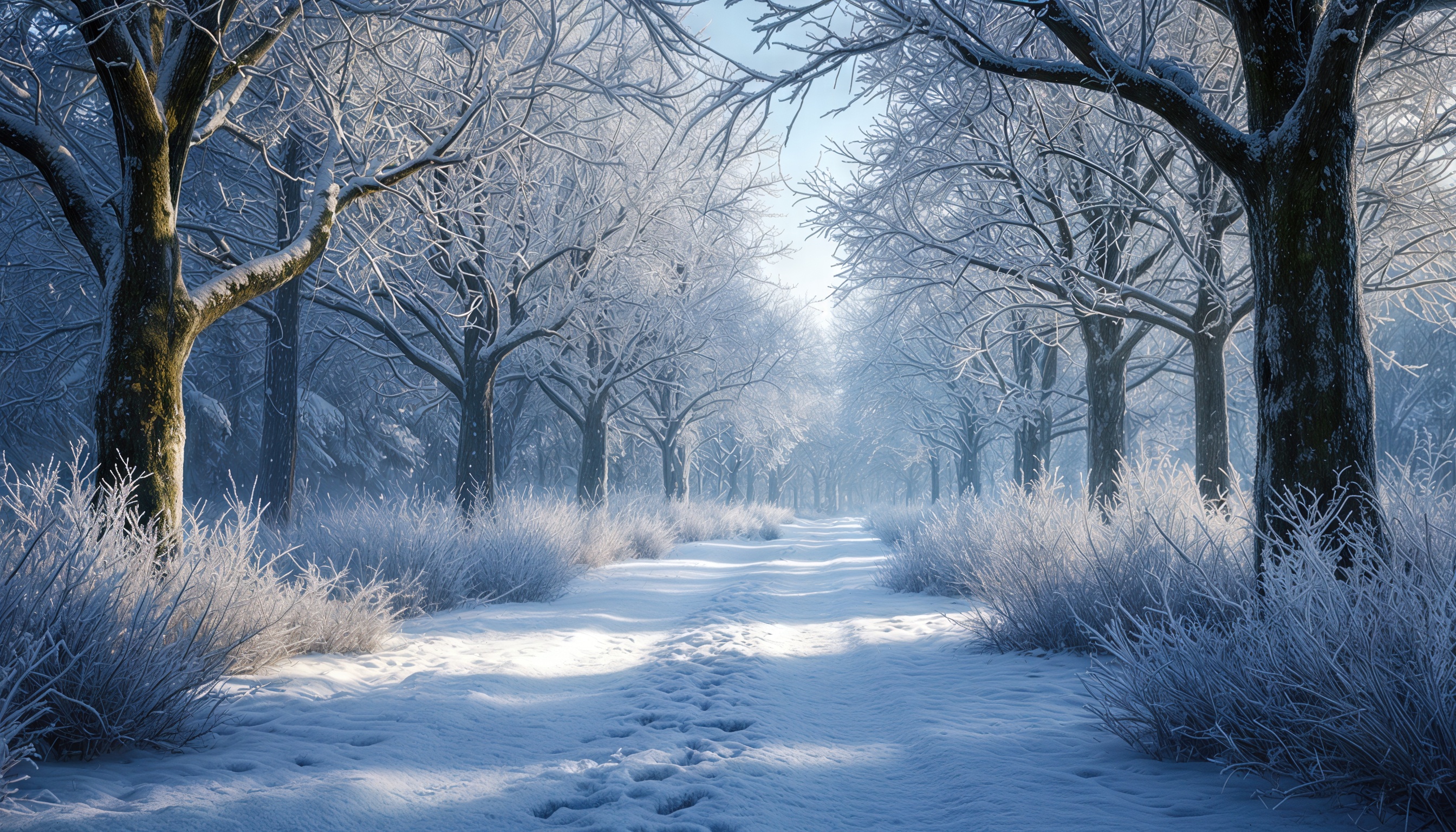 Бесплатное фото Зимний лес, заснеженные деревья, тропинка, солнечный свет, спокойствие.