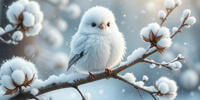 Пушистая белая птичка, как снежная фея, сидит на заснеженной ветке, окружённая хлопьями зимнего кружева.