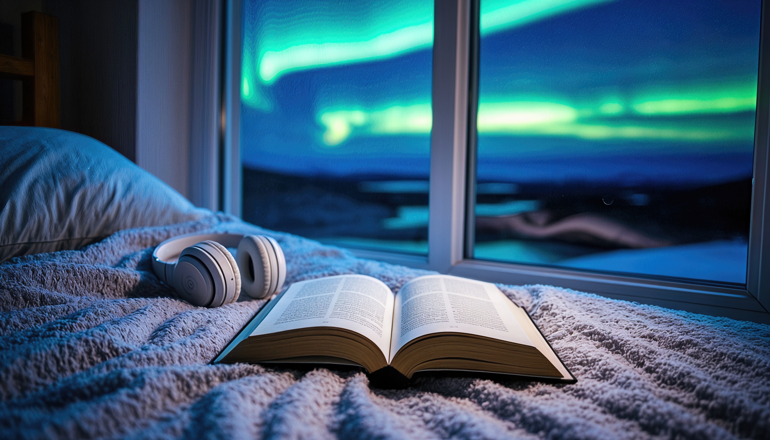 Вечер уюта: плед, открытая книга, наушники и сияние за окном.