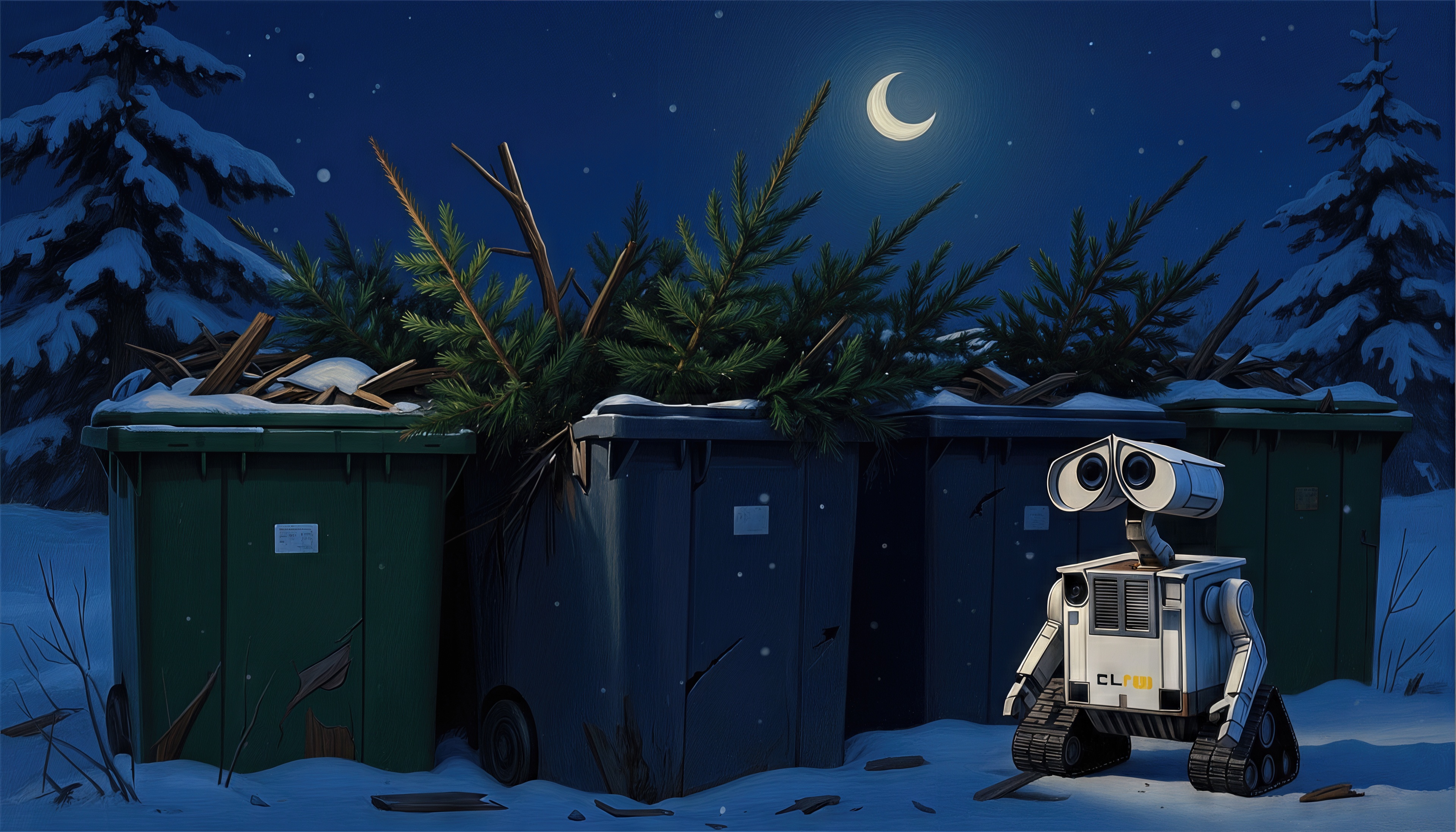 免费照片机器人谷独自站在垃圾桶旁边，月亮下有废弃的圣诞树。