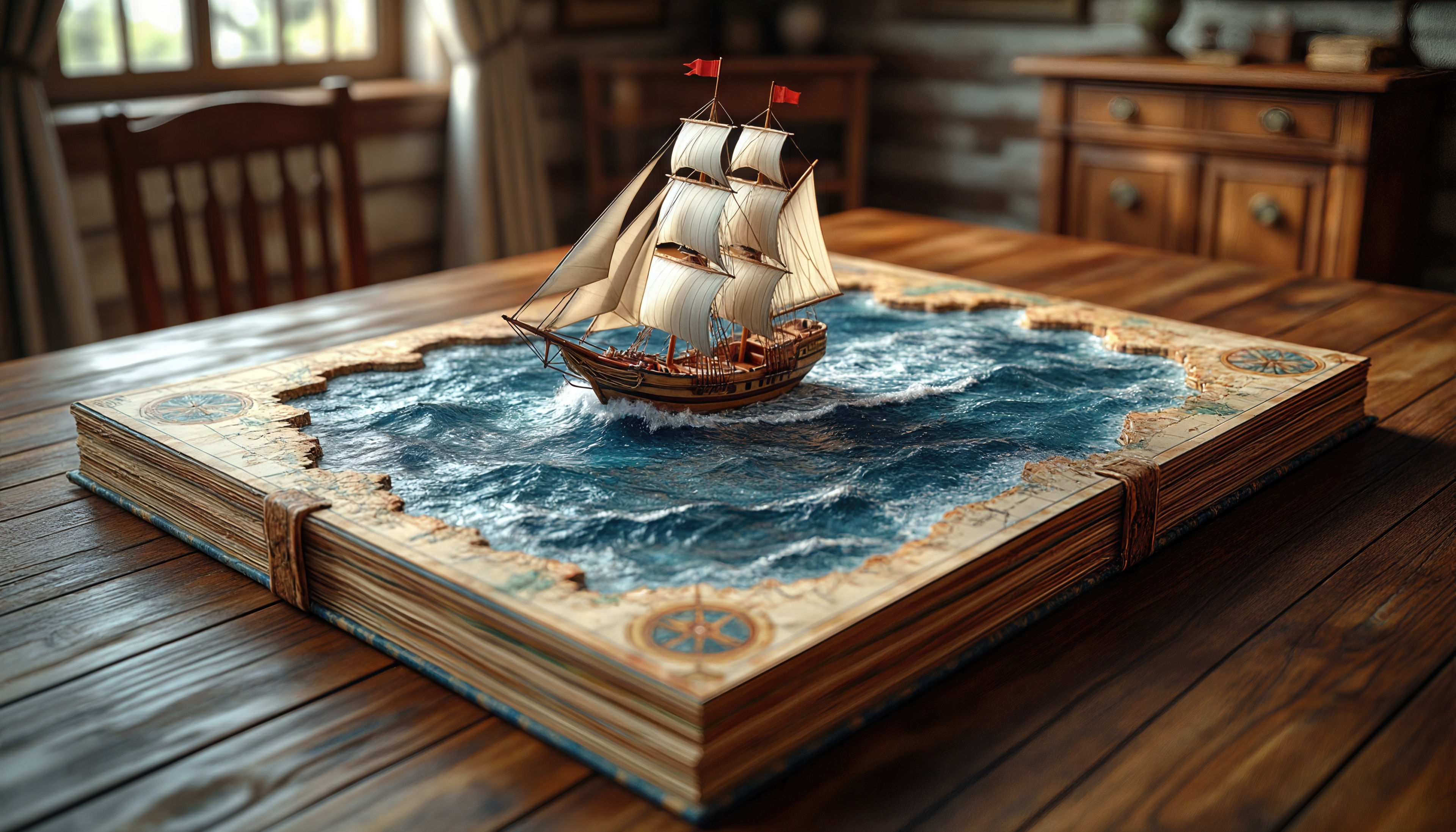 Бесплатное фото Книга-портал в морской мир с парусным кораблём.