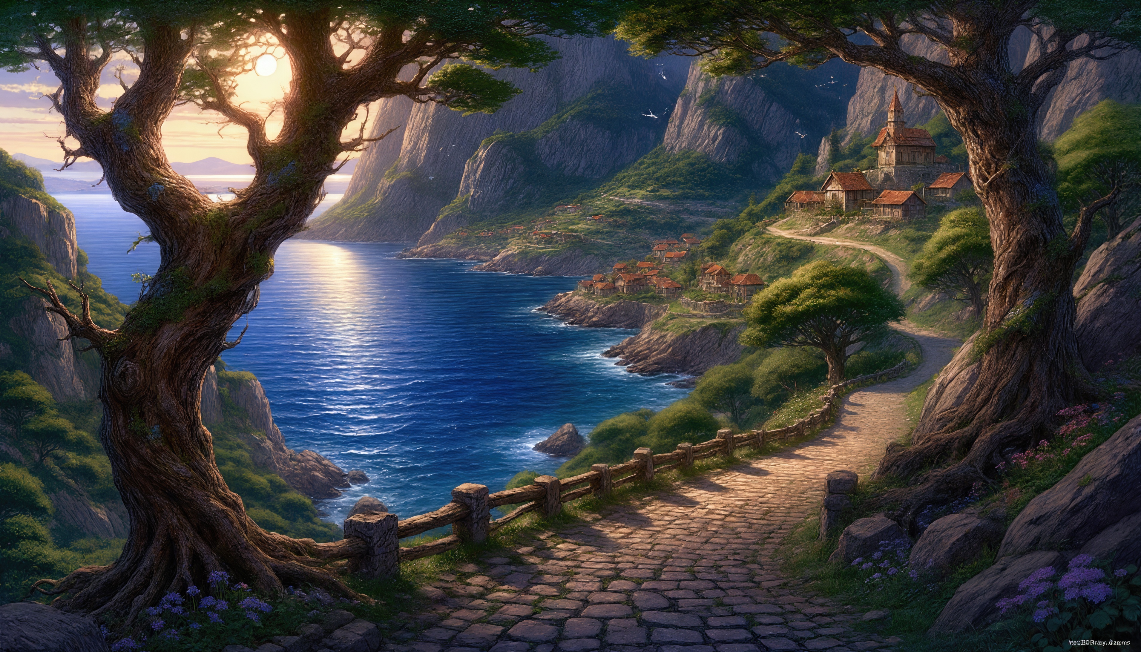 Бесплатное фото Тропа ведет к поселку у моря, окруженному горами и деревьями, создавая атмосферу спокойствия и уединения.