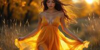 Девушка в оранжевом платье на фоне золотистого поля с развевающимися волосами и платьем.