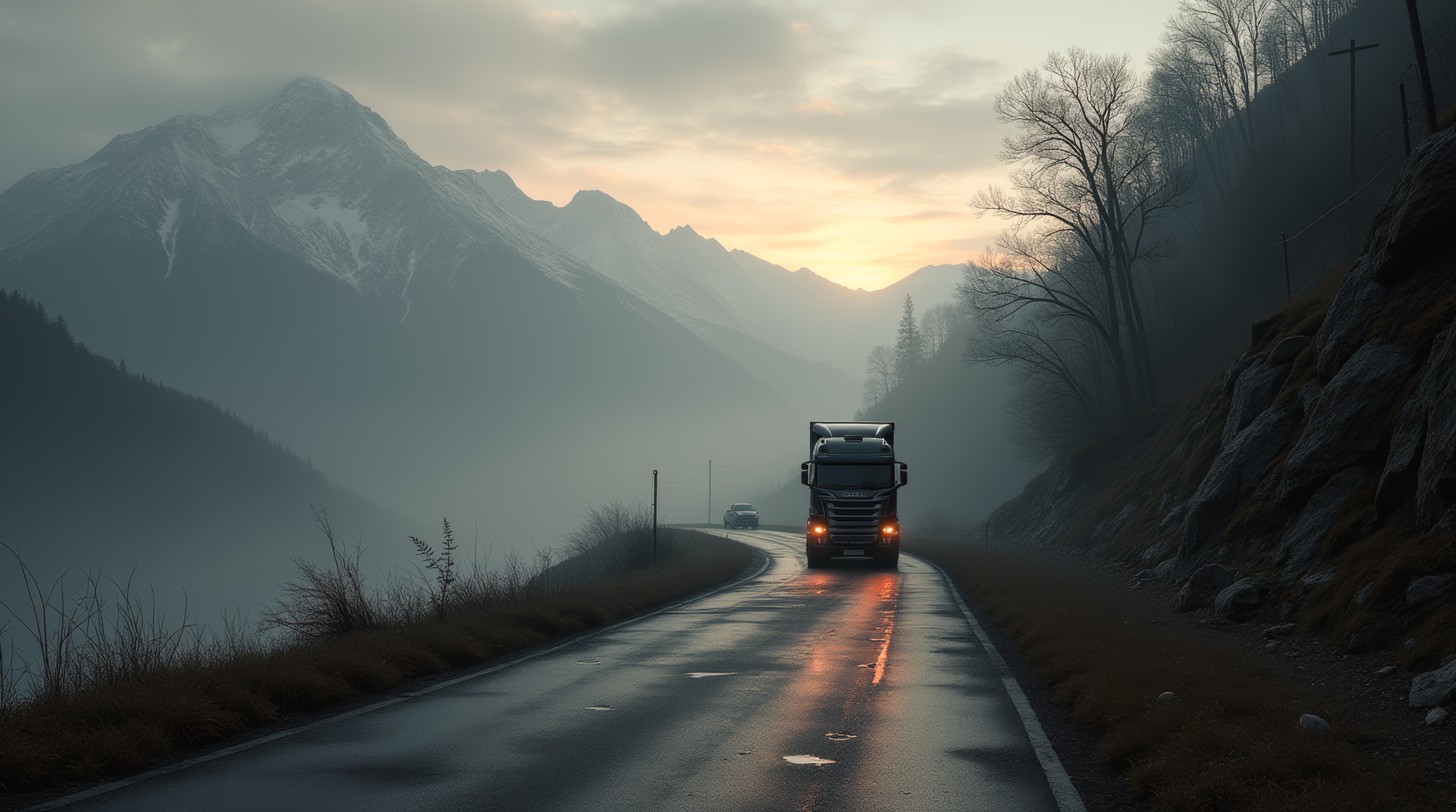 Бесплатное фото Большой грузовик едет по узкой дороге.