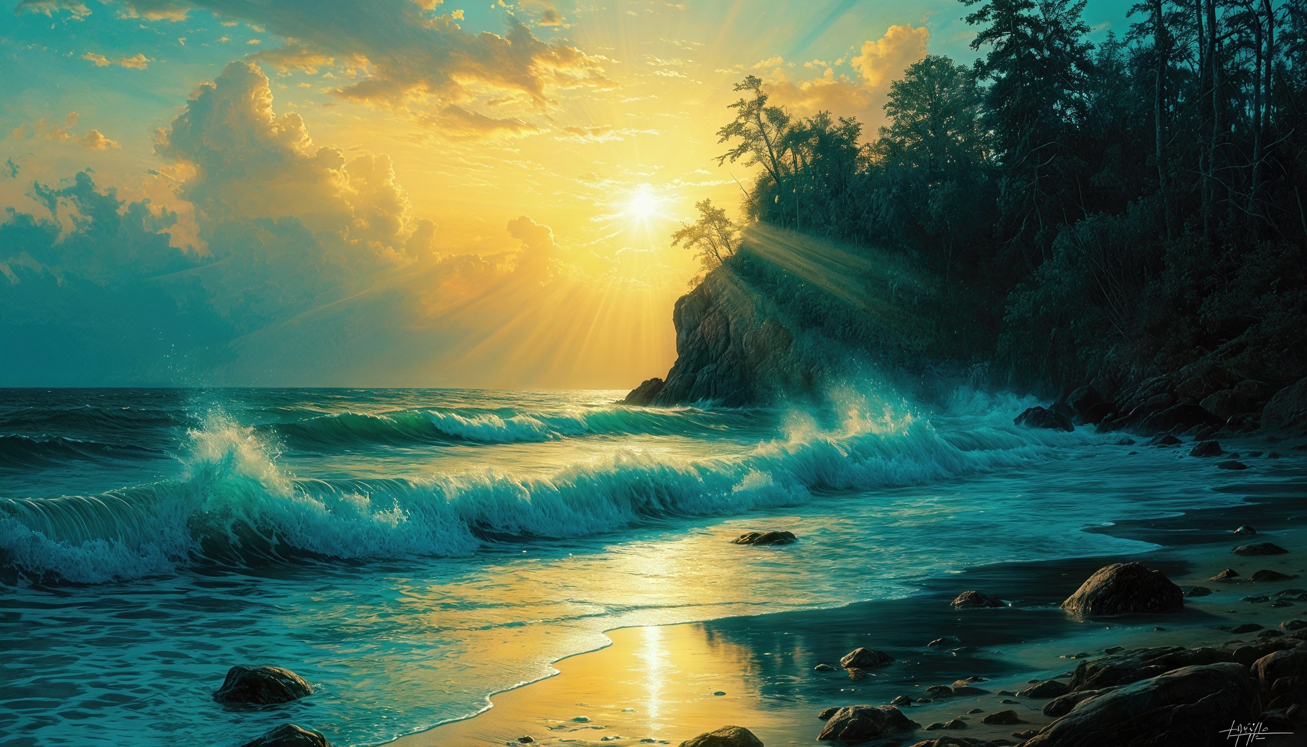 Бесплатное фото Живописный морской пейзаж с волнами, накатывающими на песчаный пляж, и скалистым мысом вдалеке.