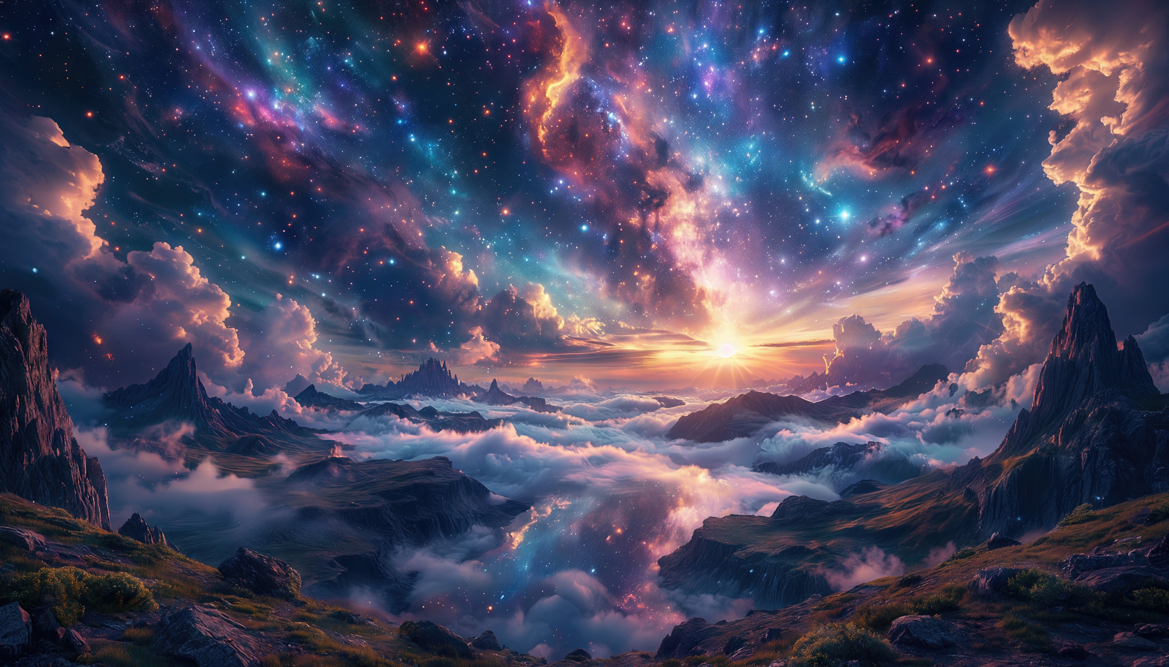 Free photo Fantastic landscape: mountains, clouds and starry sky above the horizon.