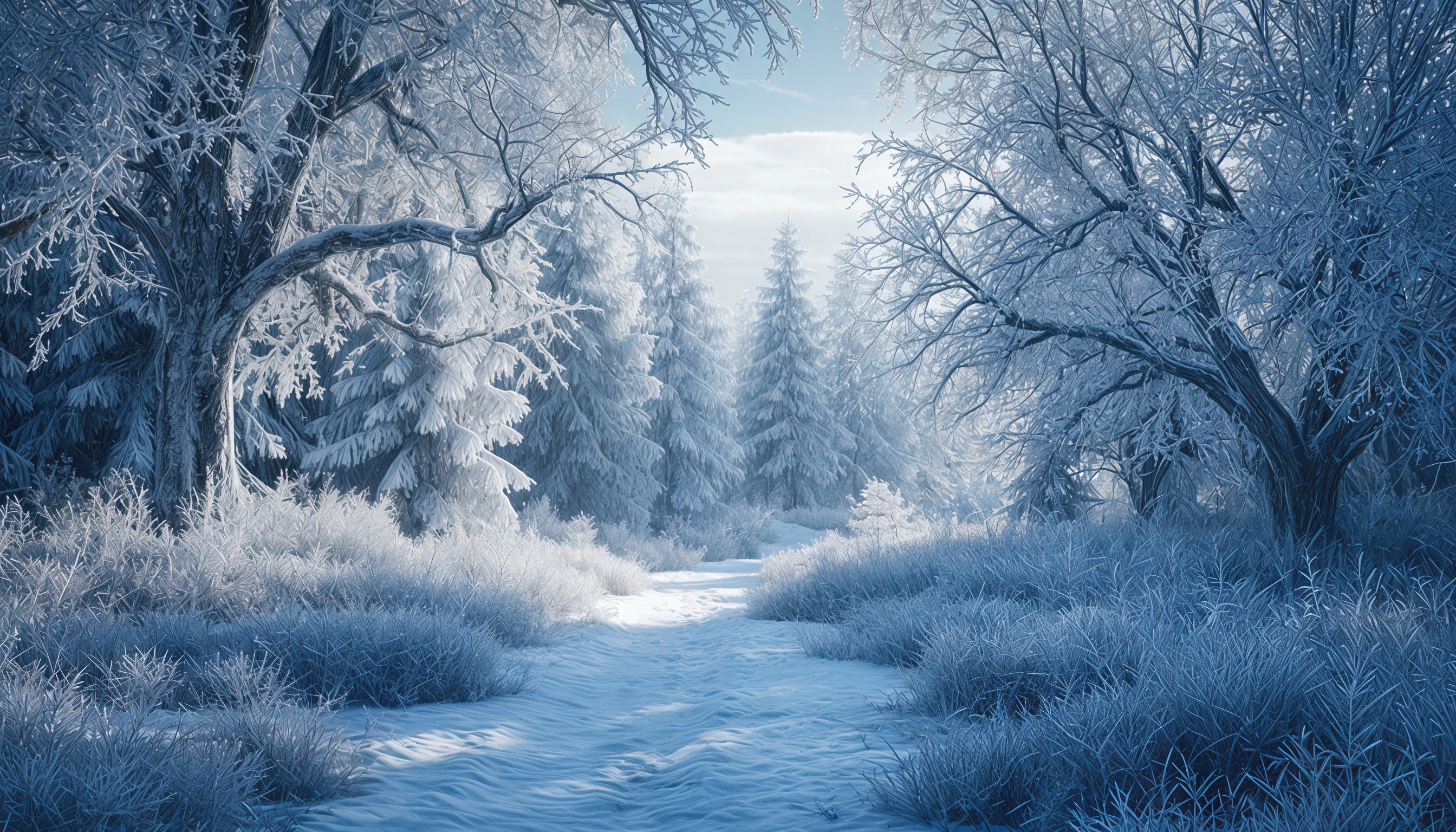 Бесплатное фото Зимний лес с заснеженными деревьями и инеем, освещённый солнечным светом.