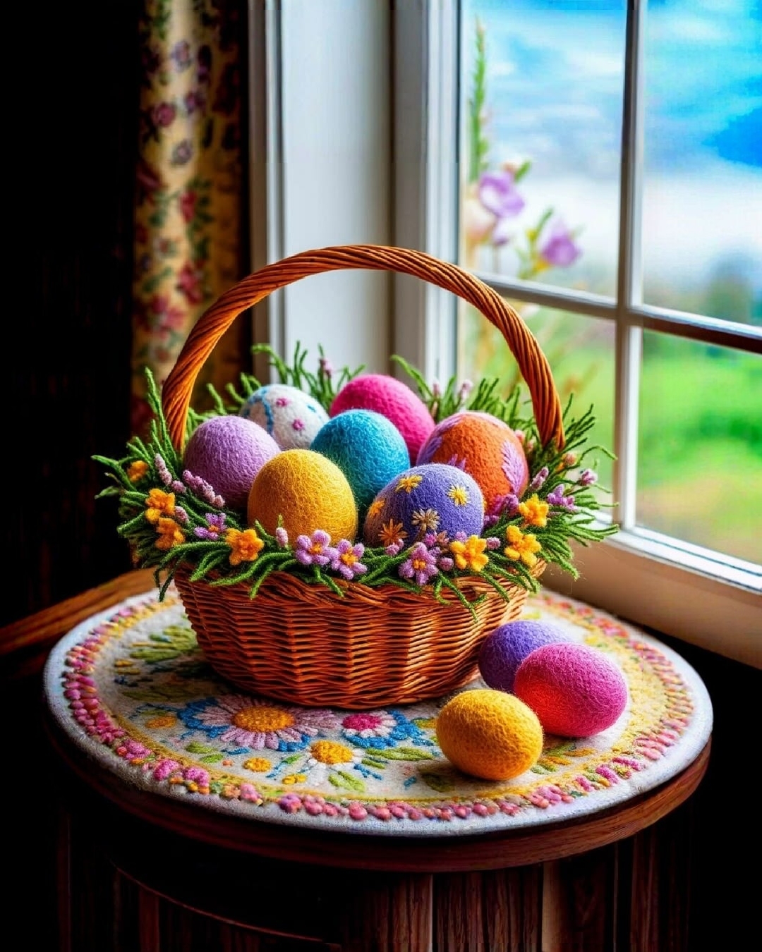 Бесплатное фото Пасхальная корзина, наполненная разноцветными яйцами