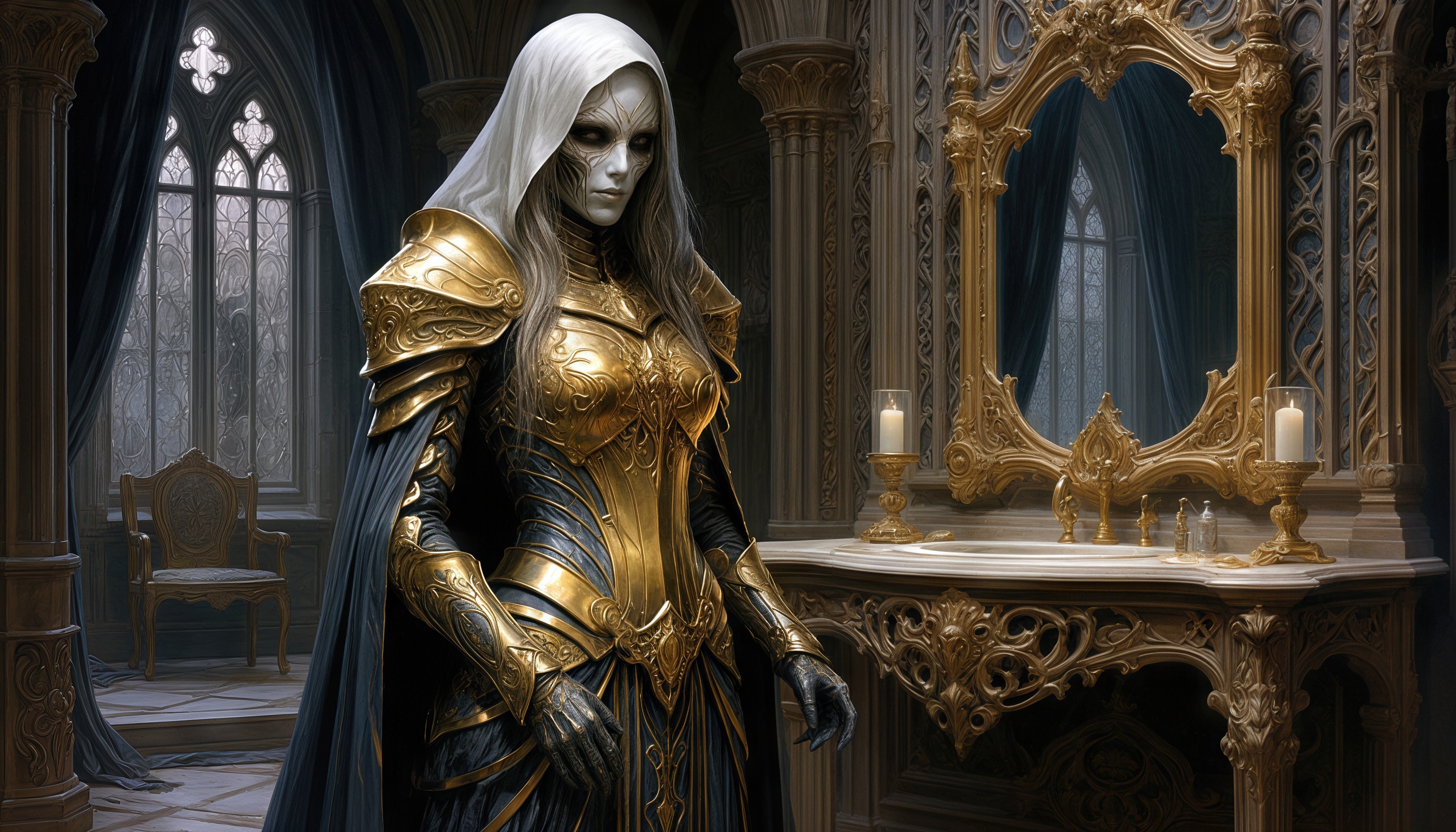 Бесплатное фото Женщина в золотых доспехах с рисунком на лице, готический интерьер, зеркало, свечи.
