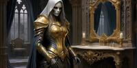 Женщина в золотых доспехах с рисунком на лице, готический интерьер, зеркало, свечи.