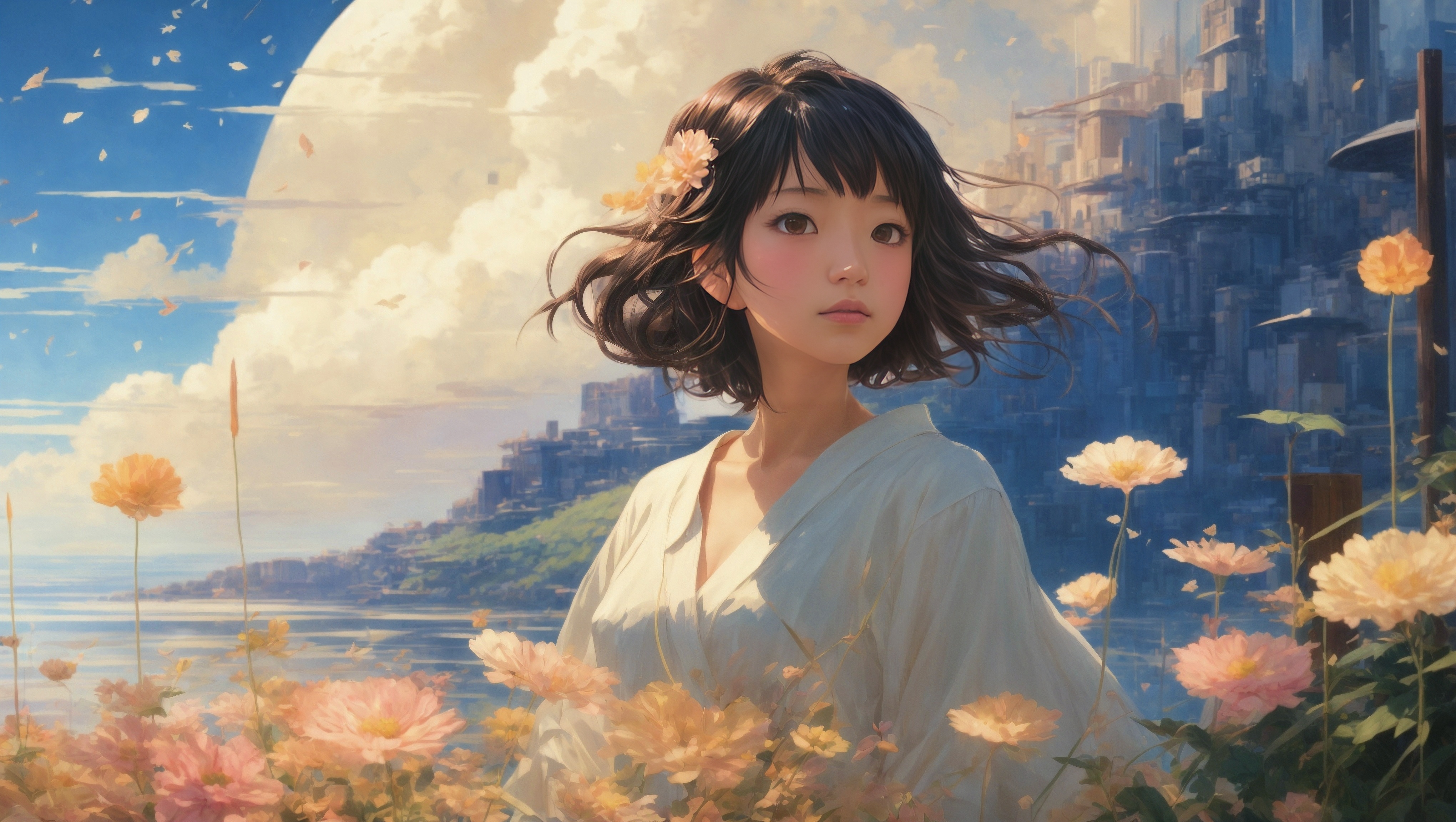 一幅画，画中一个头发上插着鲜花的女孩站在一栋建筑旁，背后是大海