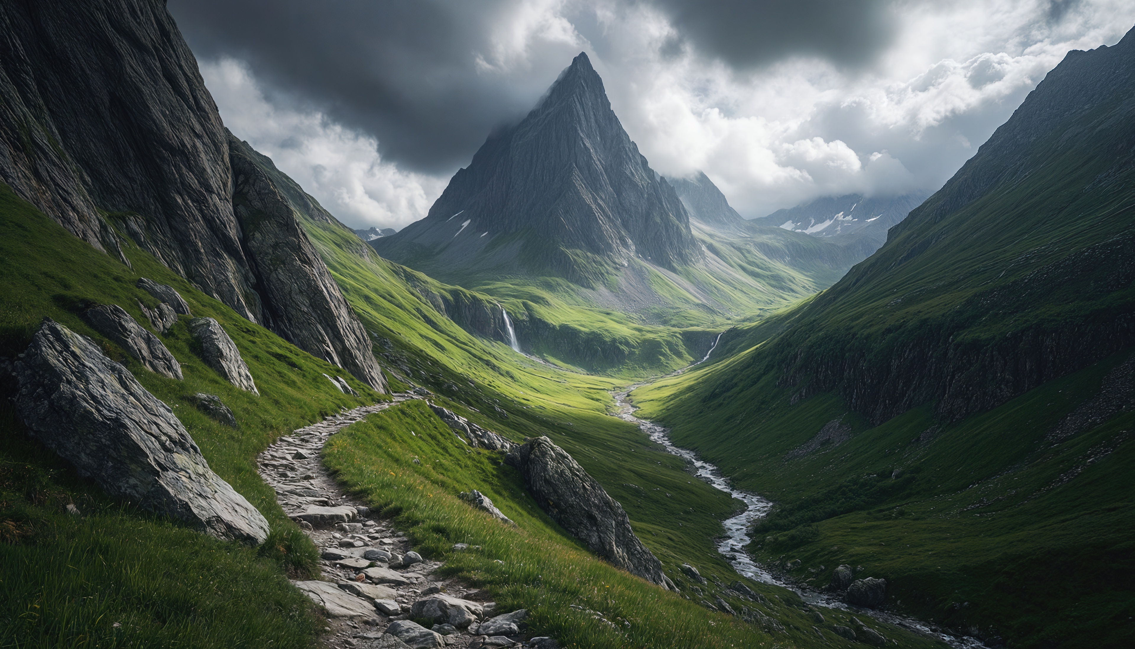Free photo A mountain valley with a winding path and a stream under a gloomy sky.