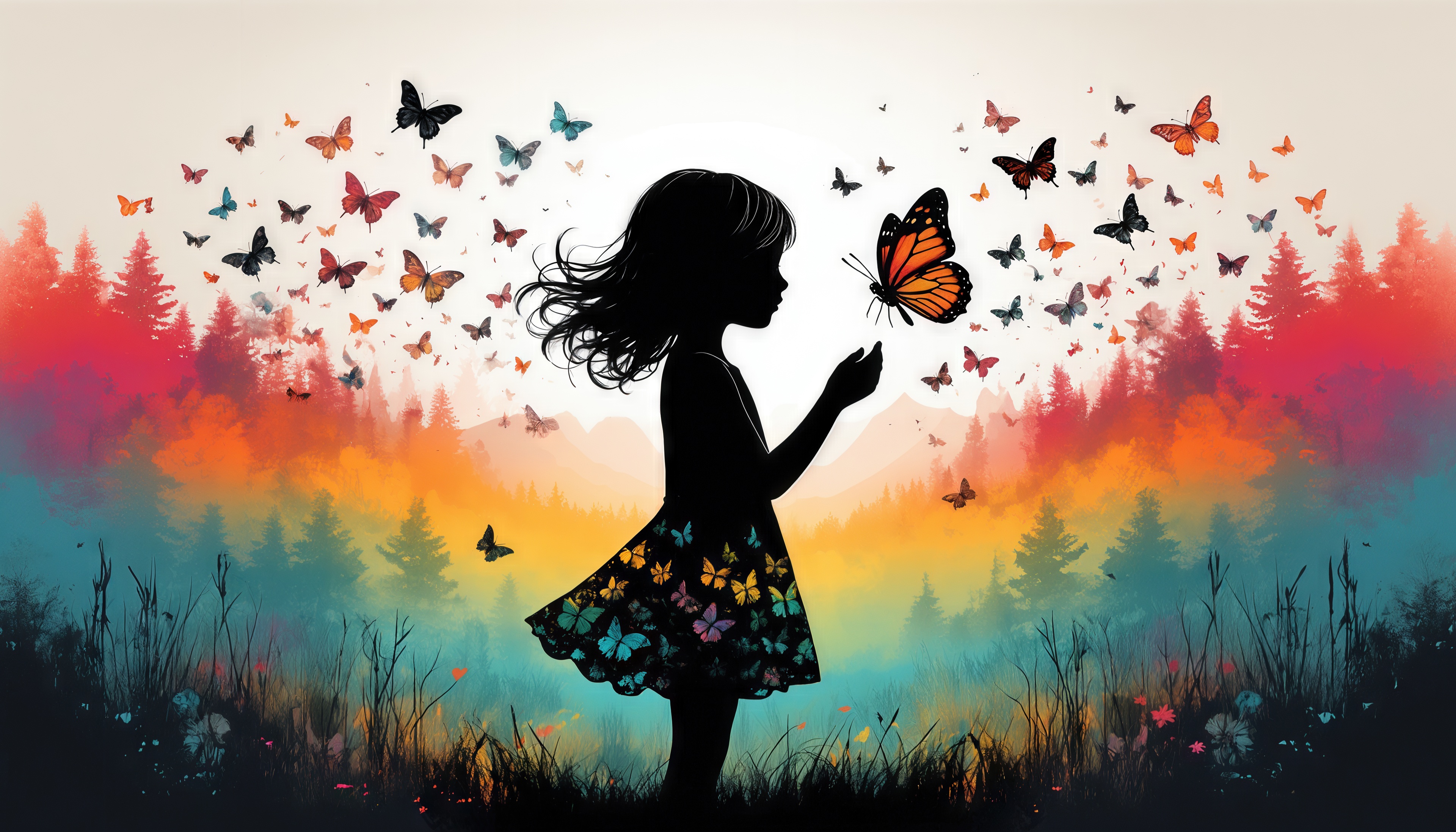 Бесплатное фото Девочка в силуэте окружена стайкой разноцветных бабочек на фоне леса.